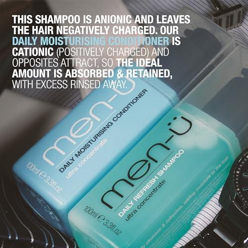 men-u men- DAILY REFRESH MENS SHAMPOO, up to 120 shampoos, Ultra-concentrated Vegan shampoo for men, long lasting, gently cleanses and refreshes, Eco Friendly Shampoo 3.3oz