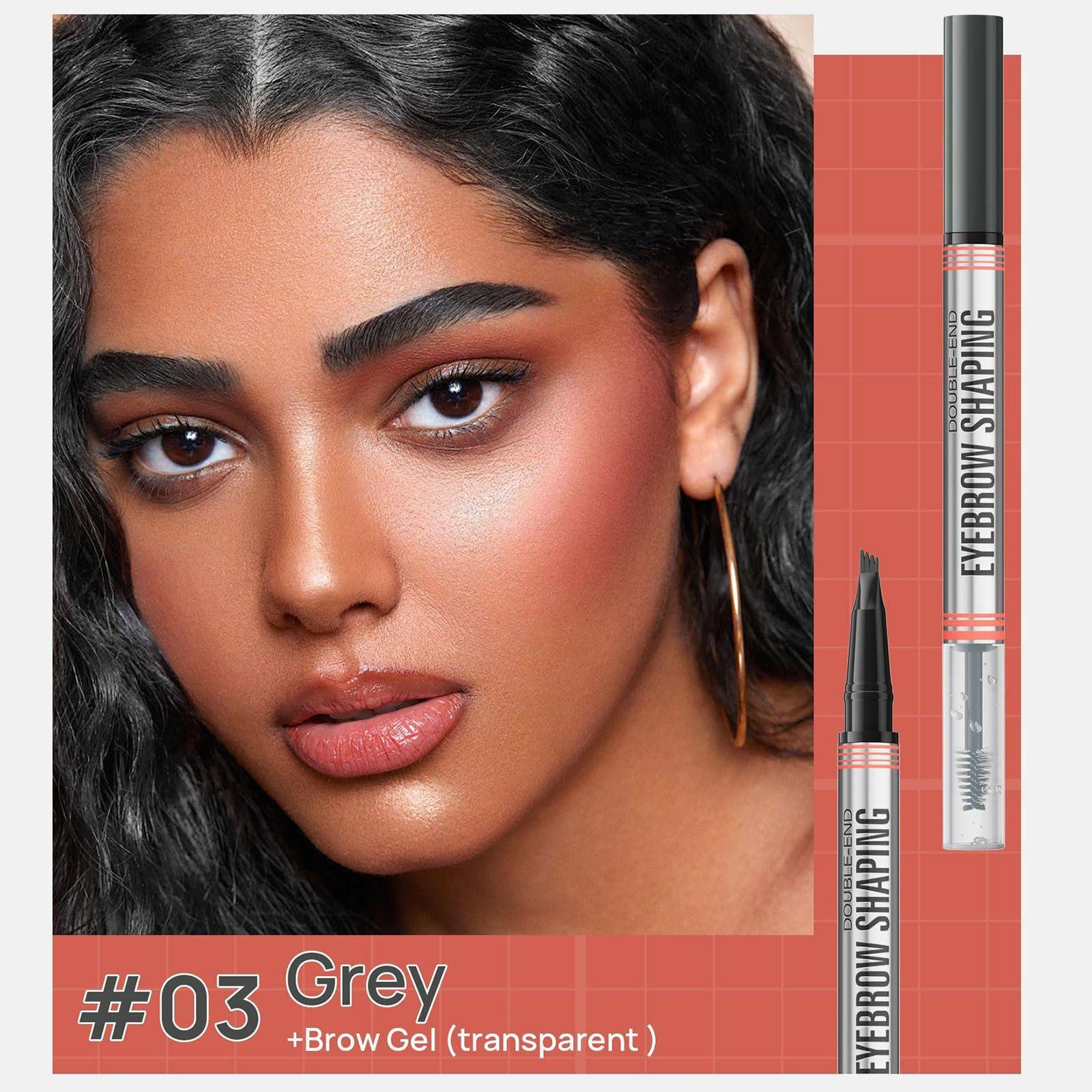 LuxeOne 2-in-1 Eyebrow Pencil with Gel, Dual-Ended 3D Microblading Magic Eyebrow Pen with 4 Tip & Eyebrow Brush, Waterproof Eyebrow Pencil Makeup Long-Lasting Eyebrow Pen for Women (03#Grey)