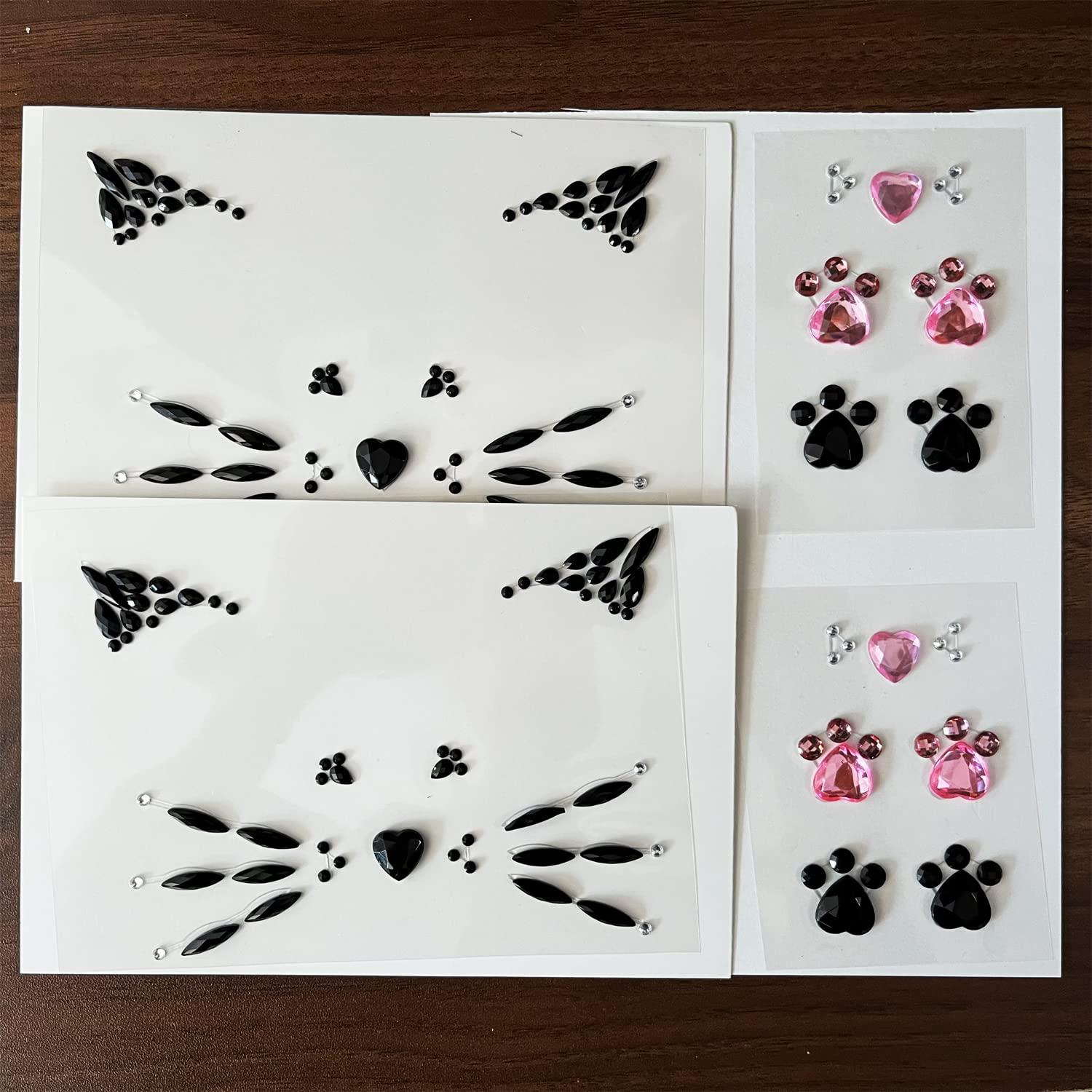 LEOARS Crystal Cat Face Jewels, Pink Cat Print Gems, 2-Sheet Black Cat Eye Gems Sticker and 2-Sheet Fake Cat Lash Gems Tattoo Stick on Face for Women Kids Cat Halloween Makeup
