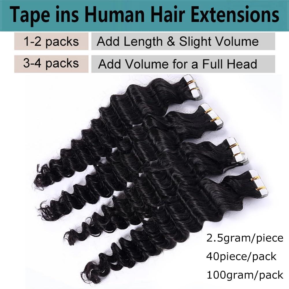 Kiss darling LASHES Tape in Human Hair Extensions 18 Inch Deep Wave Tape in Hair Extensions 40pcs 100g/Pack Seamless Skin Weft Human Hair Extensions Tape in for Women, 1b Black
