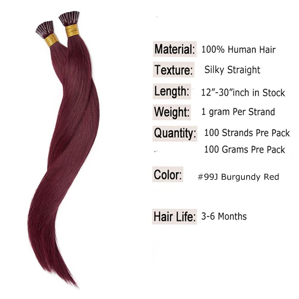 Kiss darling LASHES 99J Burgundy Red I Tip Hair Extensions Human Hair Pre Bonded Keratin Cold Fusion I Tip Real Remy Human Hair Extension For Women 100 Strands 100g 30\"inch