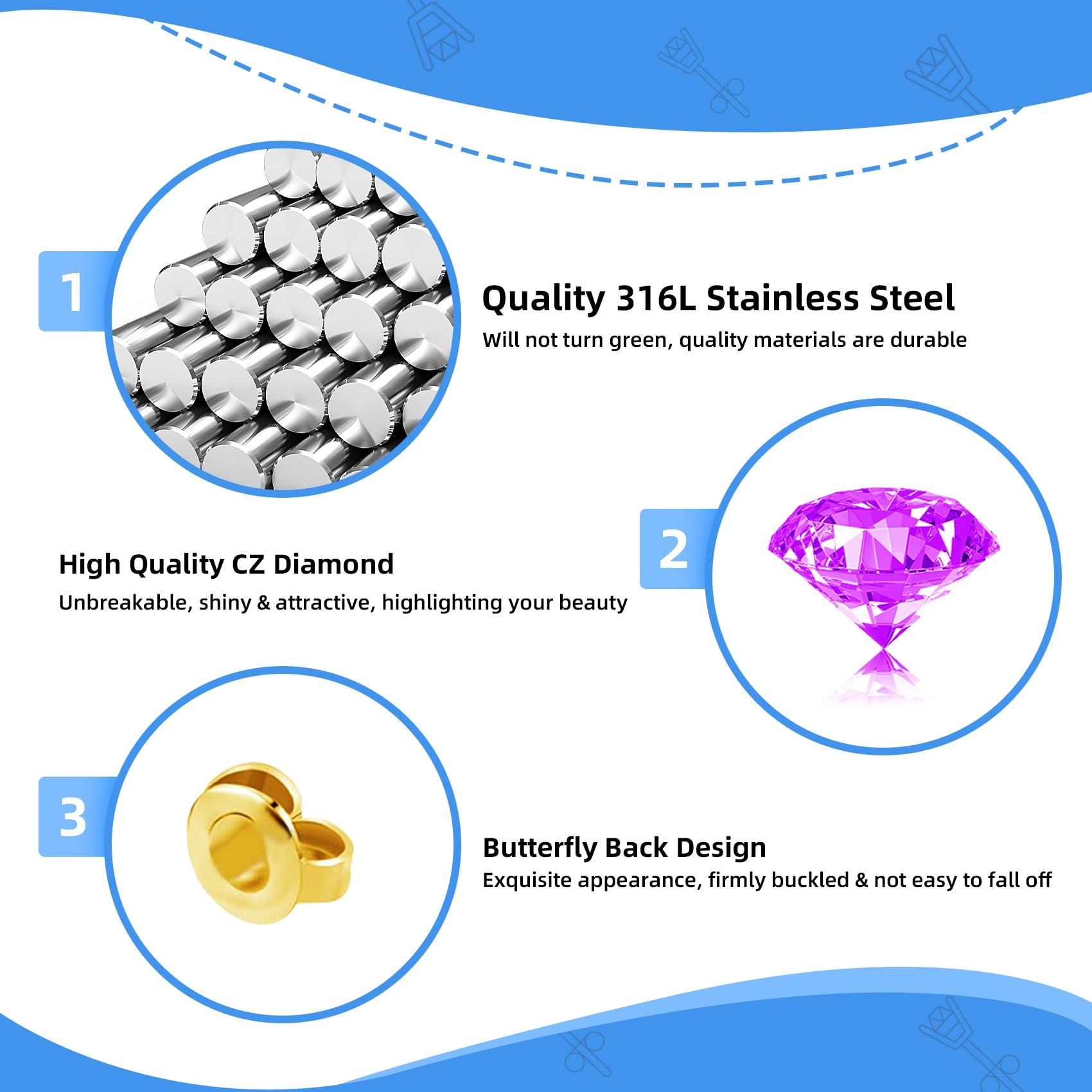 Novopiercing Get the Perfect Ear Piercing with 24 Pcs Premium Ear Piercing Kit - Includes 8 Purple CZ Diamond Earrings and 8 Easy-to-Use Self Ear Piercing Gun - Safe and Painless