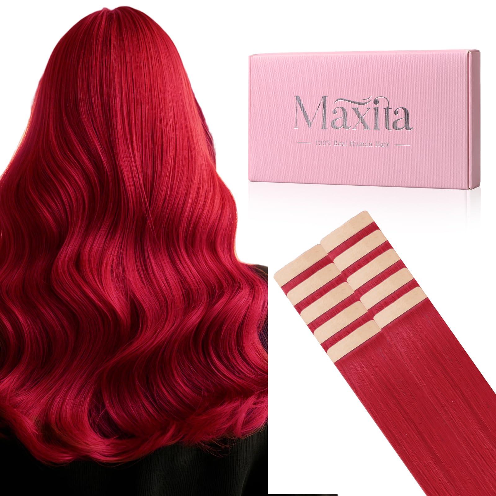 MAXITA MAXITA Tape in Hair Extensions Human Hair Red Hair Extensions Tape ins, 10pcs 25g 18 Inch Colored Party Highlight Tape in Extensions Straight Soft Real Human Hair Extension