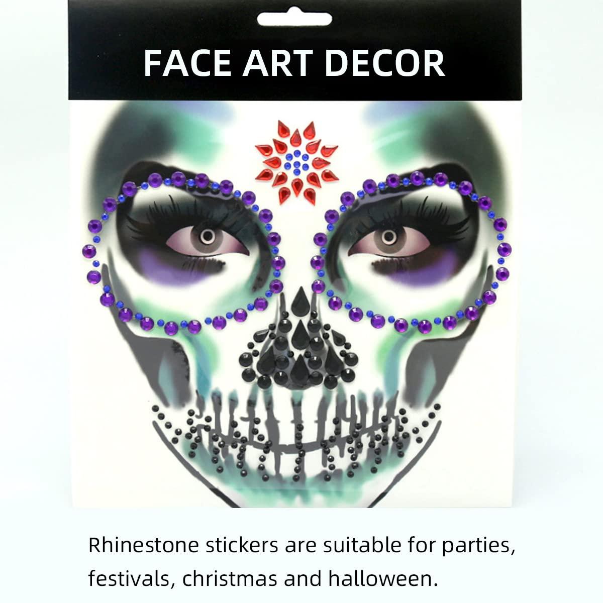 Jacnkb Skull Face Gems Jewels Rhinestone, Halloween Temporary Face Tattoos, Day of the Dead Face Tattoo Stickers, Crystal Body Gems Stick on Face for Festival Rave Party Cosplay 2Pcs
