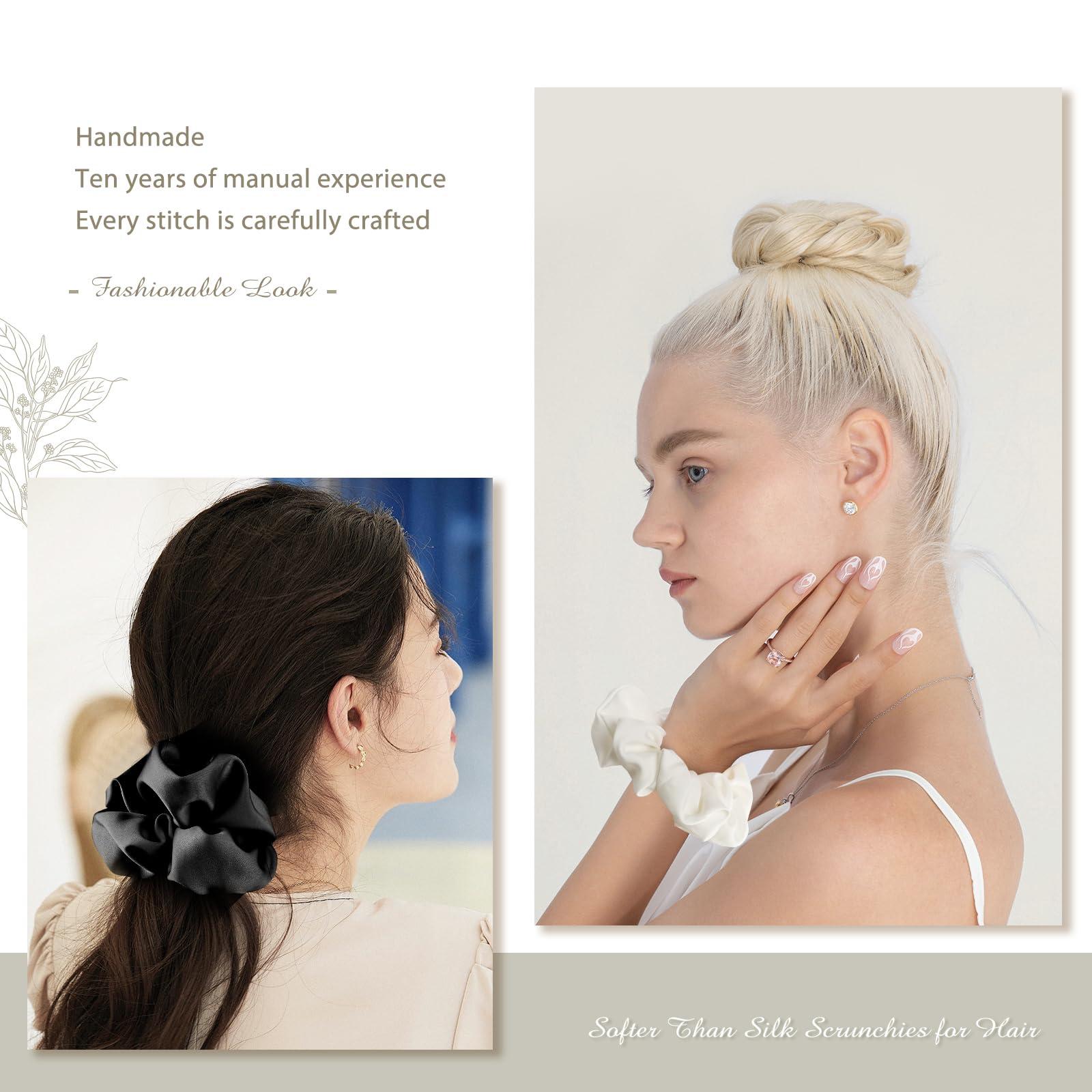 Helamvly 4PCS Large Satin Silk Scrunchies for Women - Big Glossy Scrunchie for Thick Hair Girl Hair Ties Ponytail Holders Jumbo Scrunchies (Black White Silver Champagne)