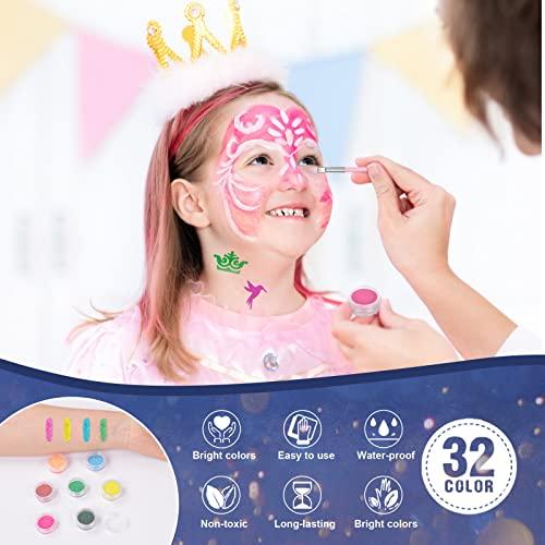AOMIG AOMIG Glitter Tattoo Kit, Kids Temporary Tattoo Set - 24 Colours Glitter, 8 Fluorescent Powder, 172 Stencils, Unique Body Nail Glitter Safe Body Make-up for Kids and Adults Birthday Party