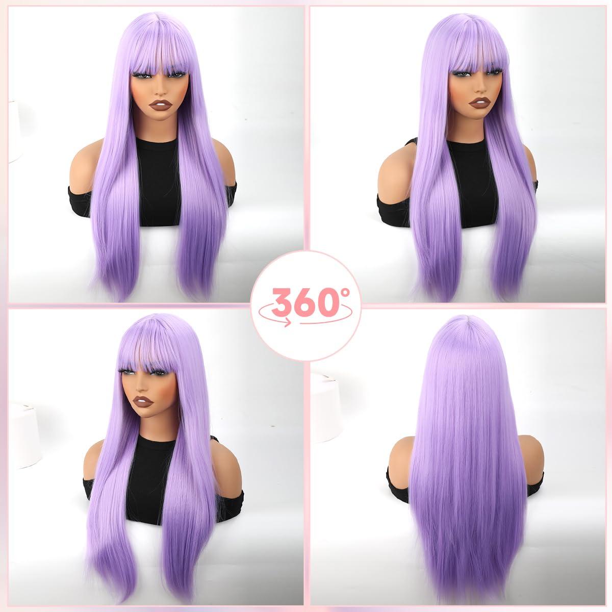 forfeels forfeels Light Purple Wig With Bangs Long Straight Synthetic Wigs For Women 28 Inch Cosplay Wig Synthetic Wig With Bangs Light Purple Synthetic Hair For Halloween And Party