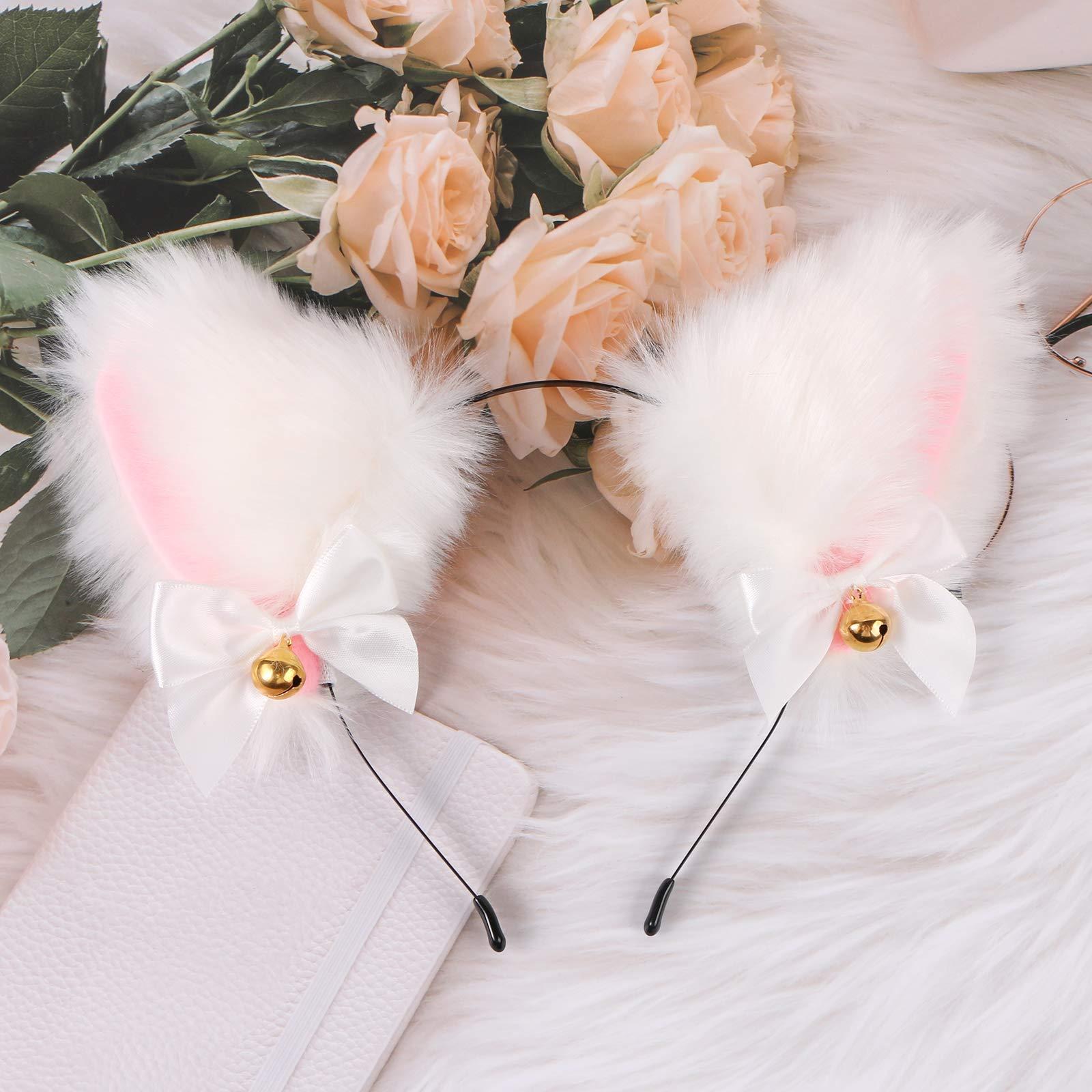 EVERMARKET Faux Furry Anime Faux Fur Fox Ear Headband with Bells, Plush Neko Cosplay Accessory for Halloween Costume Party Fancy Dress (White-Pink)