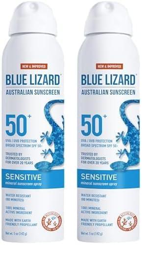 BLUE LIZARD Blue Lizard Sensitive Mineral Sunscreen Spray SPF 50+, Dermatologist-Recommended Brand, Broad-Spectrum UVA/UVB Protection, Water-Resistant, Zinc Oxide Formula, 5 fl oz (Pack of 2)