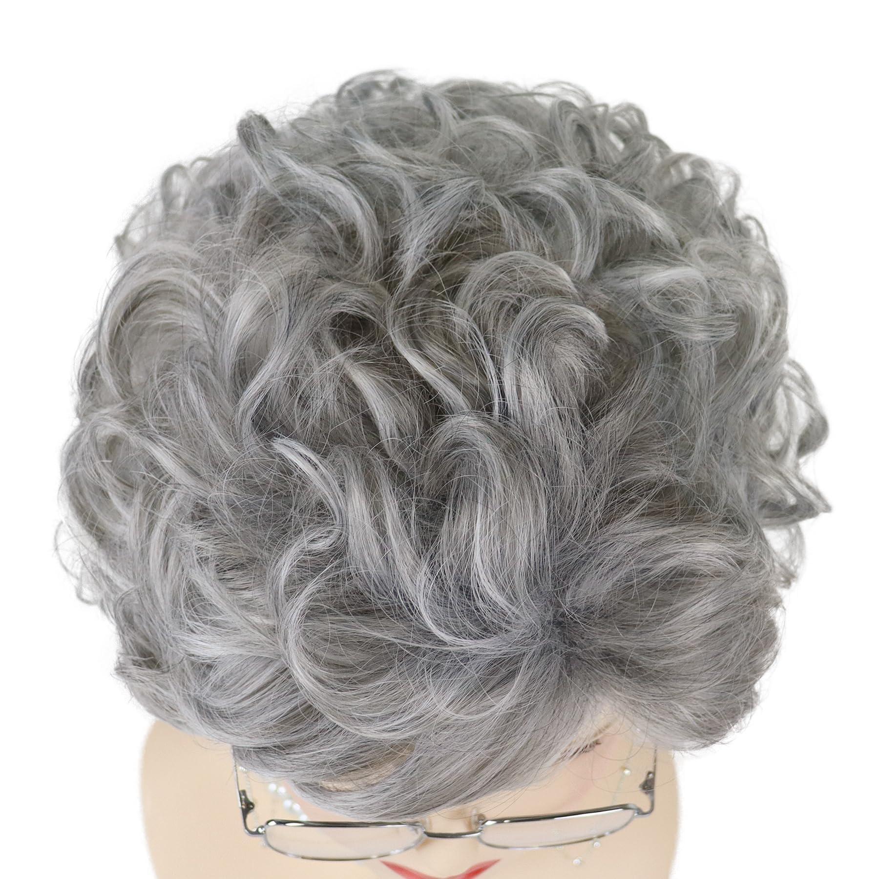 GNIMEGIL GNIMEGIL Old Lady Wig Short Dark Grey Curly Grandma Wig with Bangs Cosplay Costume Halloween Christmas Wig Accessories 4pcs Set(Wig+Glasses+Necklace+Chain)