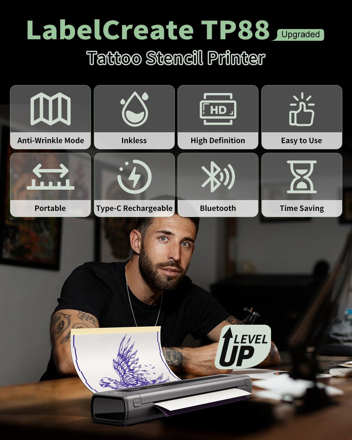 LabelCreate Tattoo Printer Machine,Wireless Tattoo Stencil Printer TP88 (Upgraded)+50 Sheets Tattoo Transfer Paper(8.27\" x 11.69\" A4 Size)