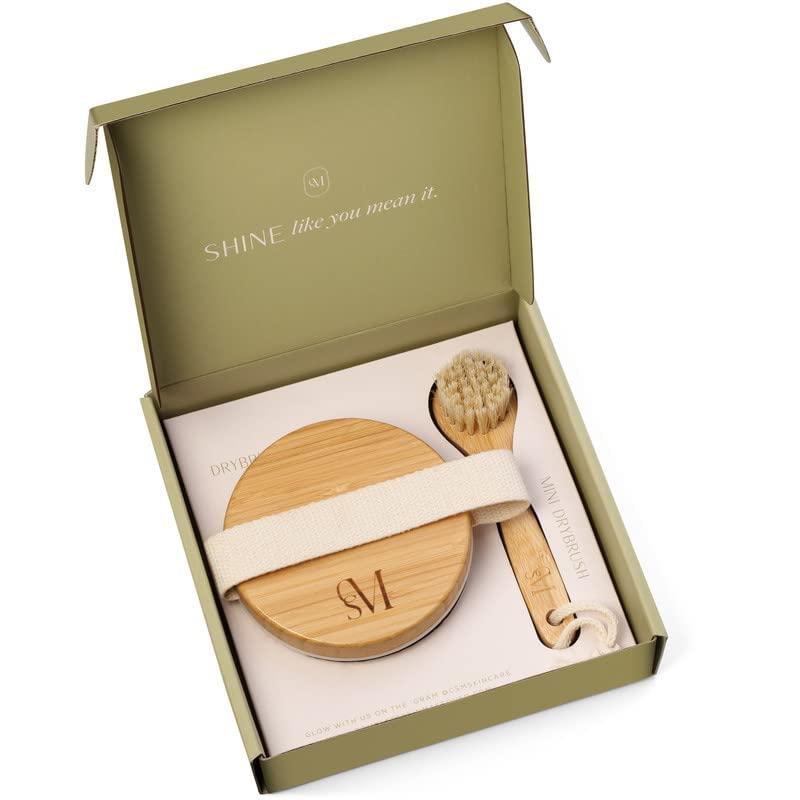 C.S.M CSM Dry Brushing Body Brush Set- Natural Bristle Body Brush, Exfoliating Face Brush for Soft Skin: Kit contains 1 Dry Brush for Face + 1 Body Brush for Lymphatic Drainage, Cellulite, and Circulation