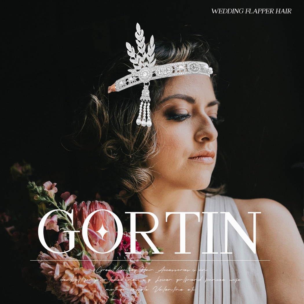 GORTIN GORTIN 1920\'s Flapper Headband Inspired Leaf Headpiece Rhiestones Pearl Headdress Cocktail Party Bride Wedding Flapper Hair Accessories for Women and Girls (Silver)