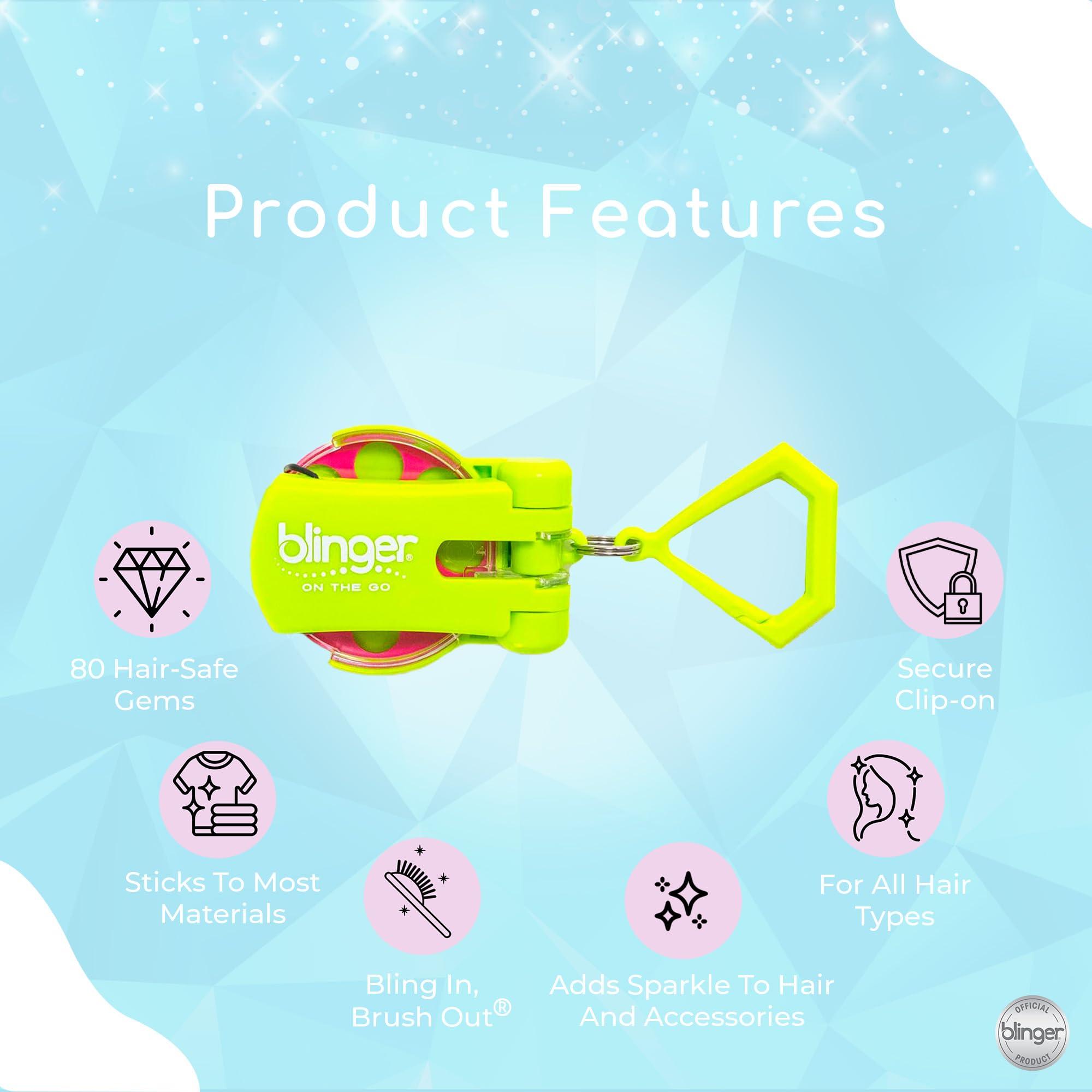 blinger blinger On The Go Mini Starter Kit Bright (Lime Green) | 80 Rhinestones | Hair Styling Tool | Hair-Safe Bling in Brush Out