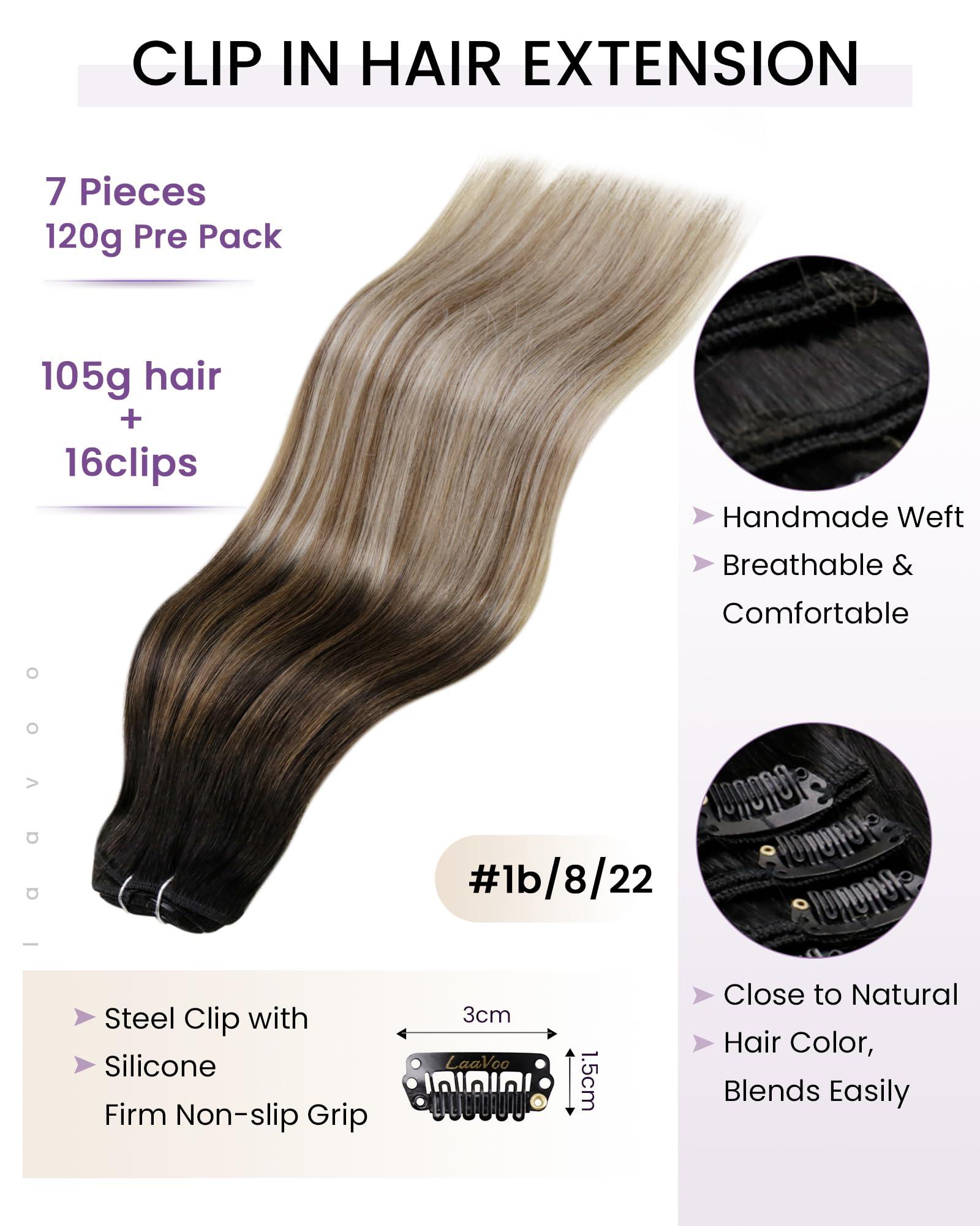 LaaVoo LaaVoo Clip in Hair Extensions Black Ombre Real Human Hair Clip in Extensions Ombre Black to Light Brown Balayage Light Blonde Human Hair Extensions Clip ins for Short Hair 12 Inch 5pcs 80g