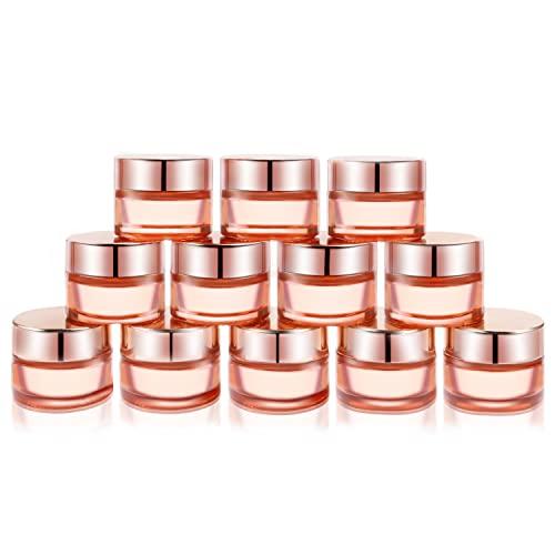 Cositina Cositina 12 Pack 1oz Pink Glass Jars,Empty Round Storage Travel Containers with Rose-Golden Lids & Inner Liners,Refillable Cosmetic Vials for Moisturizer,Creams,Salve, Lotion