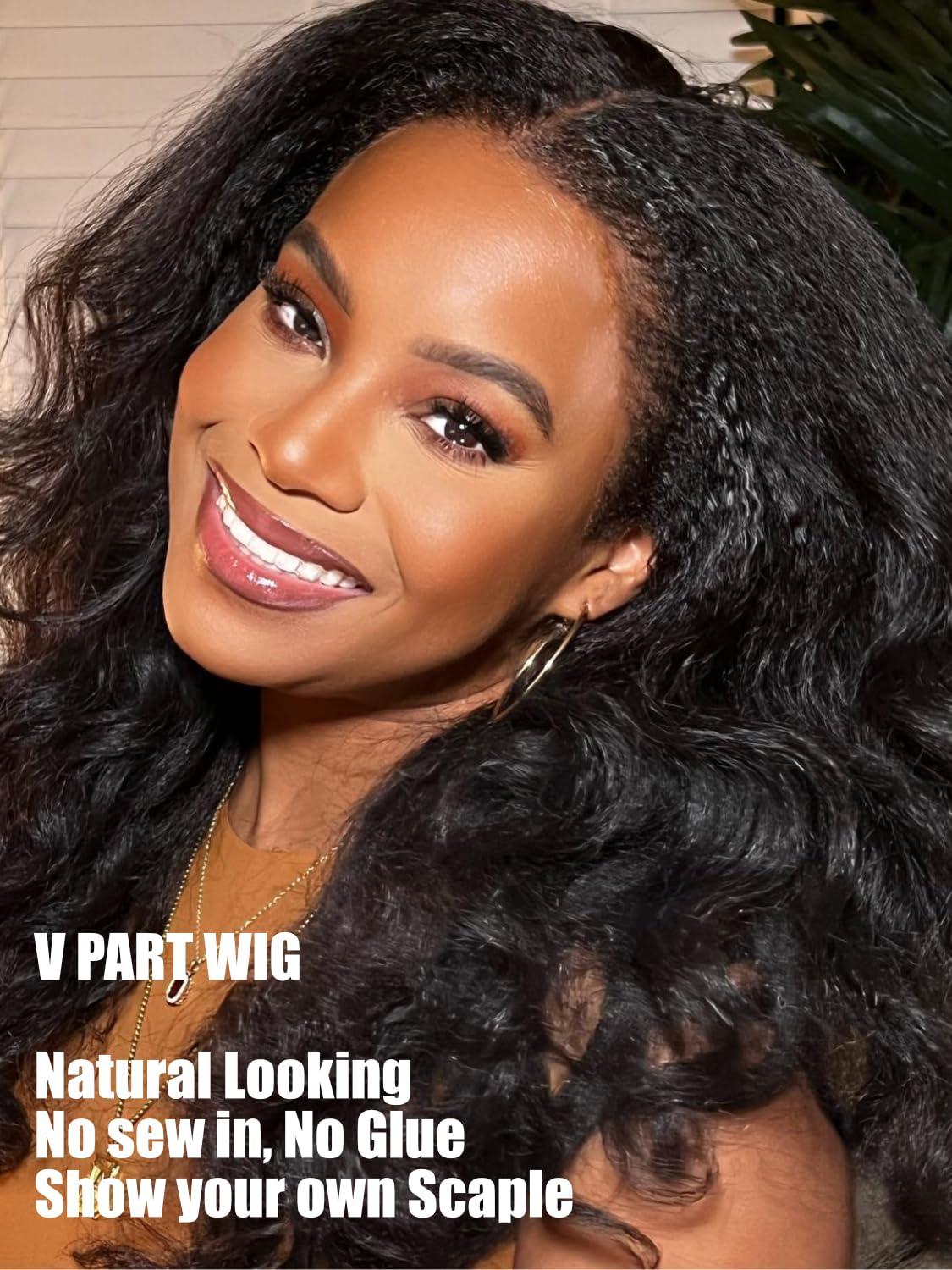 Julia Hair Julia Hair V Part Human Hair Wig Kinky Straight for Women Glueless Wigs Brazilian Virgin Human Hair Wigs Upgrade Upart Wig No Leave Out No Glue No Sew Natural Black Beginner Friendly 16 Inch