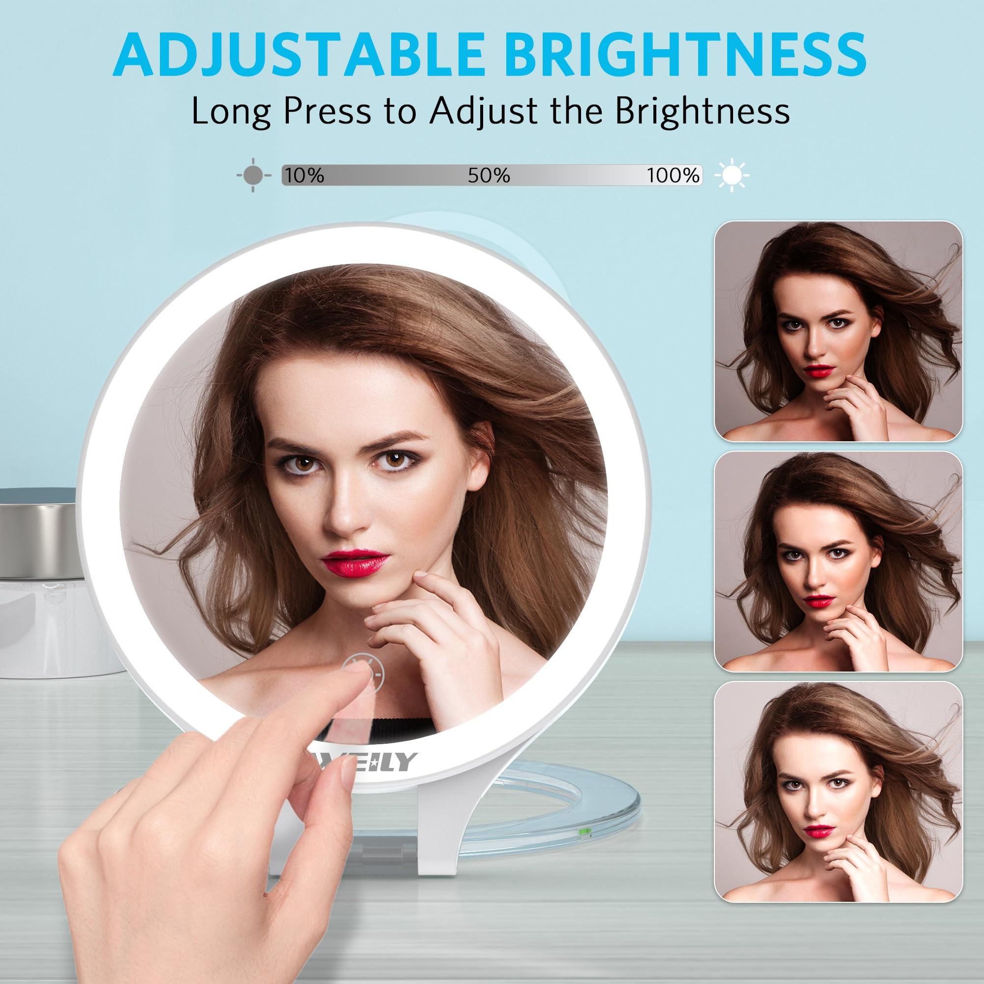 WEILY WEILY Magnifying Mirror with Light, 10X/1X Magnification Double-Sided Travel Makeup Mirror, with 3 Color Lights, Touch Control, Rechargeable Portable Mirror for Bedroom, Bathroom (White)