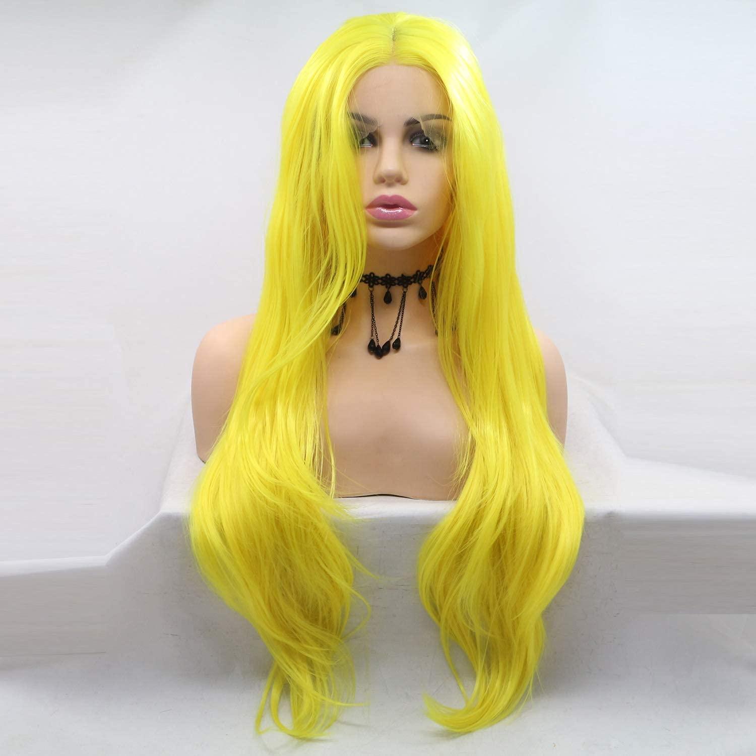 Kalisa Kalisa Yellow Lace Front Wig for Women Long Wavy Lemon Yellow Free Parting Wig Heat Resistant Fiber Synthetic Glueless Wigs Daily Wear Cosplay