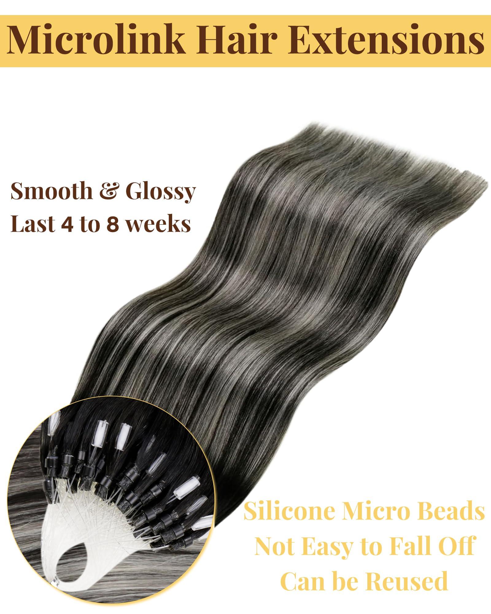 Hetto Hetto Micro Loop Hair Extensions Real Human Hair Ombre Black to Silver Remy Micro Beads Hair Extensions Natural Micro Link Hair Extensions Human Hair for Women 18 Inch 50g 50s