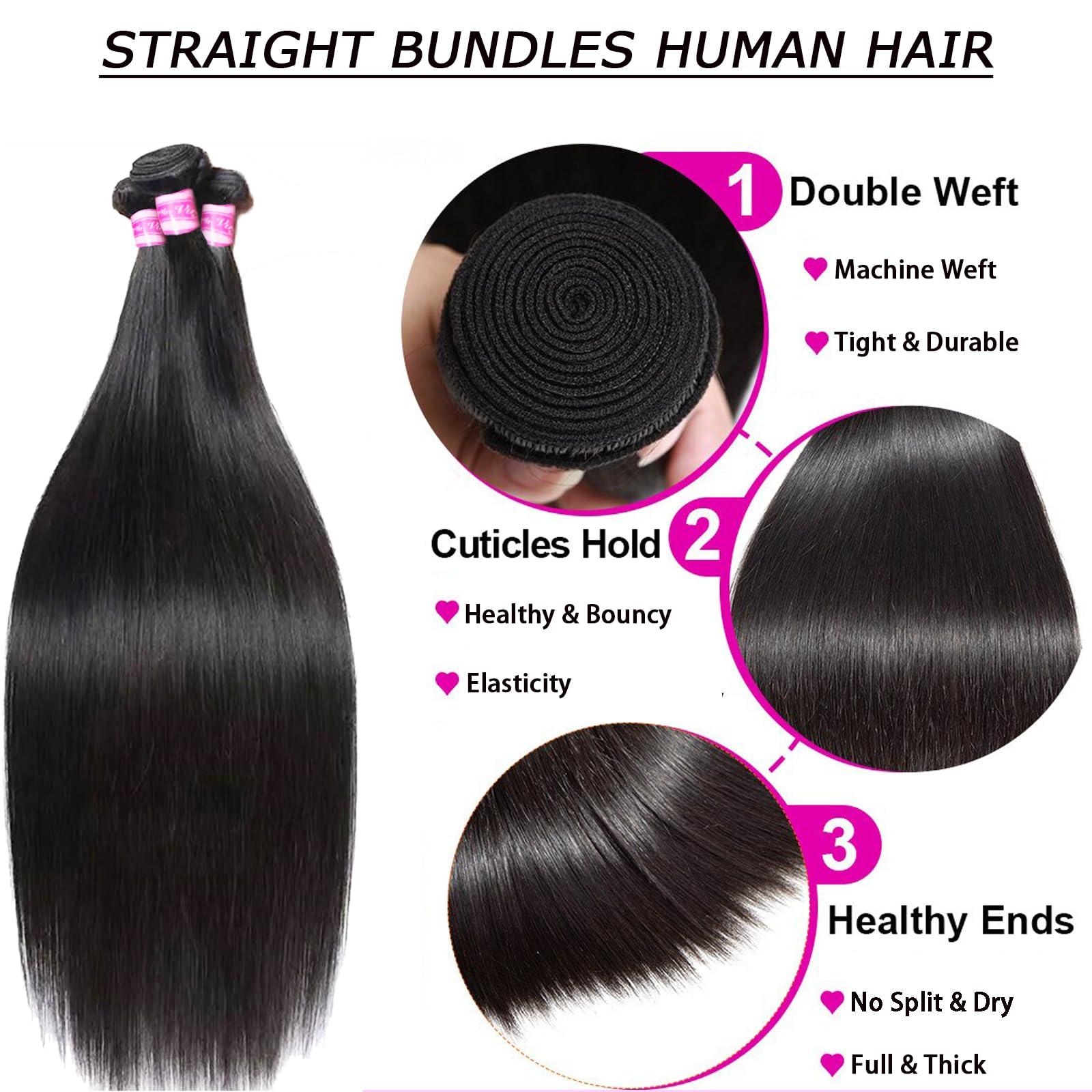 PINJUOO PINJUOO Hair Bundles 26 Inch Brazilian Straight Bundles Human Hair Quick Weave 3 Bundles 100% Unprocessed Raw Virgin Hair Bundles Natural Black Color Remy Hair Extensions Same Length for Women