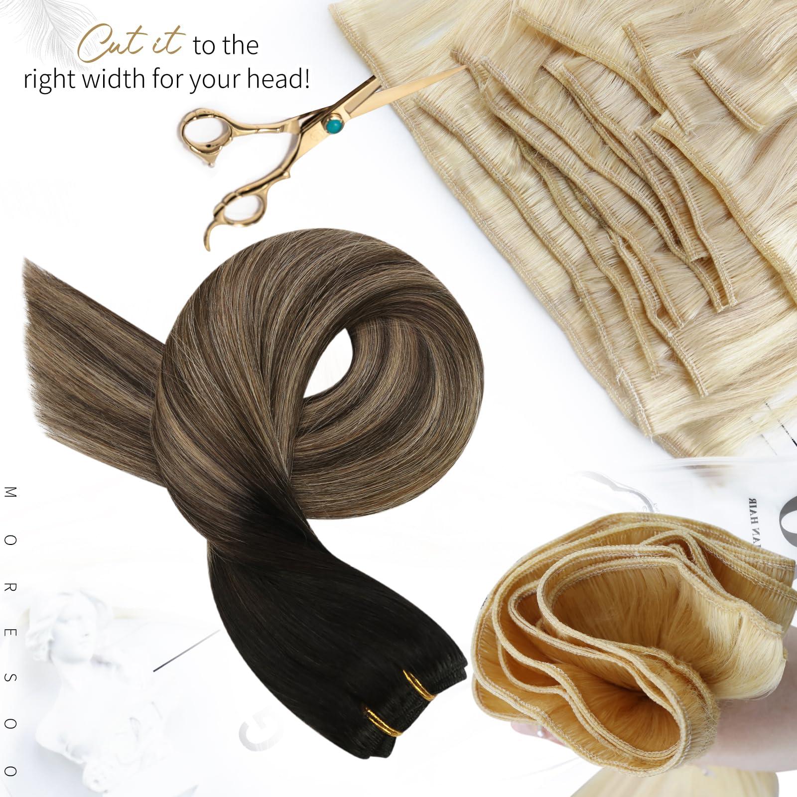 Moresoo Moresoo Clip in Hair Extensions Balayage Black to Dark Brown with Caramel Blonde 5 Pieces 70G 14inch and Sew in Hair Extensions Real Human Hair 100G 16Inch Bundle
