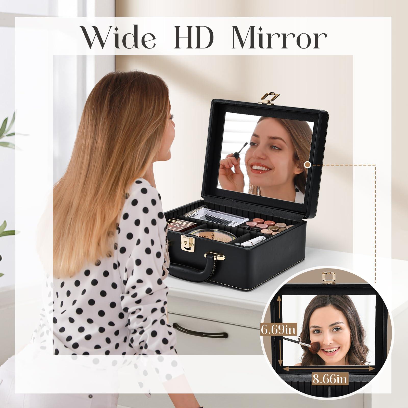 Joligrace Joligrace Travel Makeup Case, Travel Makeup Organizer Case with Mirror, Makeup Train Case Leather Portable Makeup Box Storage Bag,with Adjustable Dividers & Brush Holder (Black)