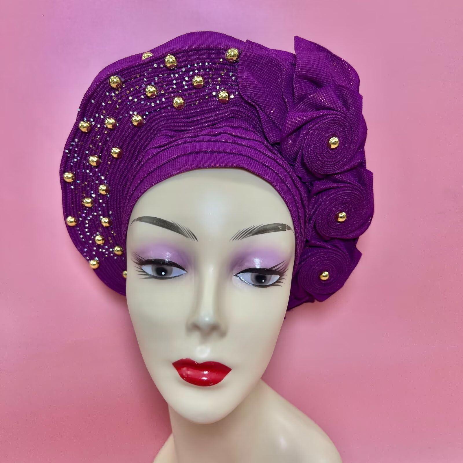 Configure Nigerian ASO Oke Auto Gele Headties with Beads&Stones Already Made African Head Wrap Women Turban Cap Headbands. (Purple)