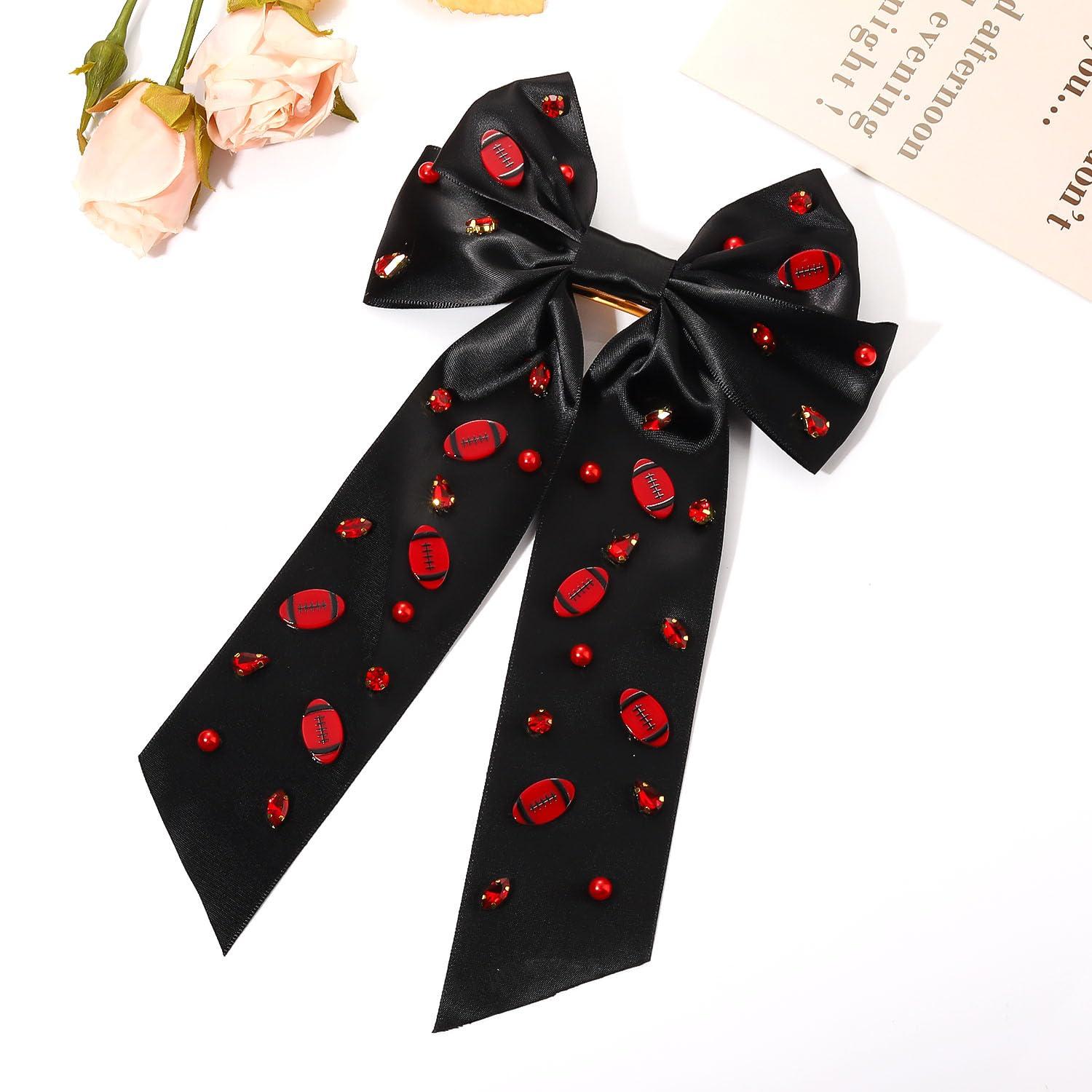PHALIN Football Hair Bows for Women Game Day Hair Bow Clips Big Red Black Blue Silky Satin Hair Ribbon Bows Barrettes Jeweled Football Cheer Bows Game Day Accessories Outfits Party Favors Gifts