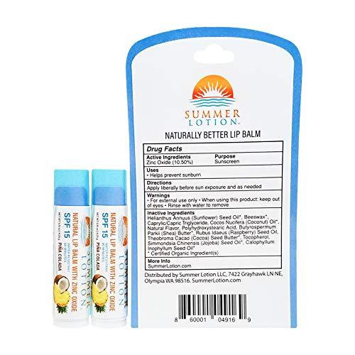 Summer Lotion Natural Lip Balm with Zinc Oxide Sunblock by Summer Lotion, SPF 15 Lip Sunscreen 2-Pack, Water Resistant Chapstick, SPF Lip Protection for Everyone, (Pina Colada)