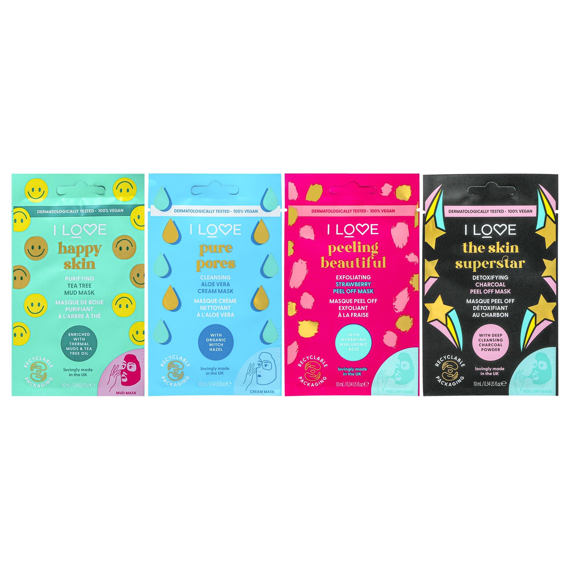 I Love I LOVE Face Time and Chills Face Masks - Facial Mask Self Care Kit - Peel of Mask, Mud Mask, and Cream Mask Selections - Soothing and Hydrating - 4 pc