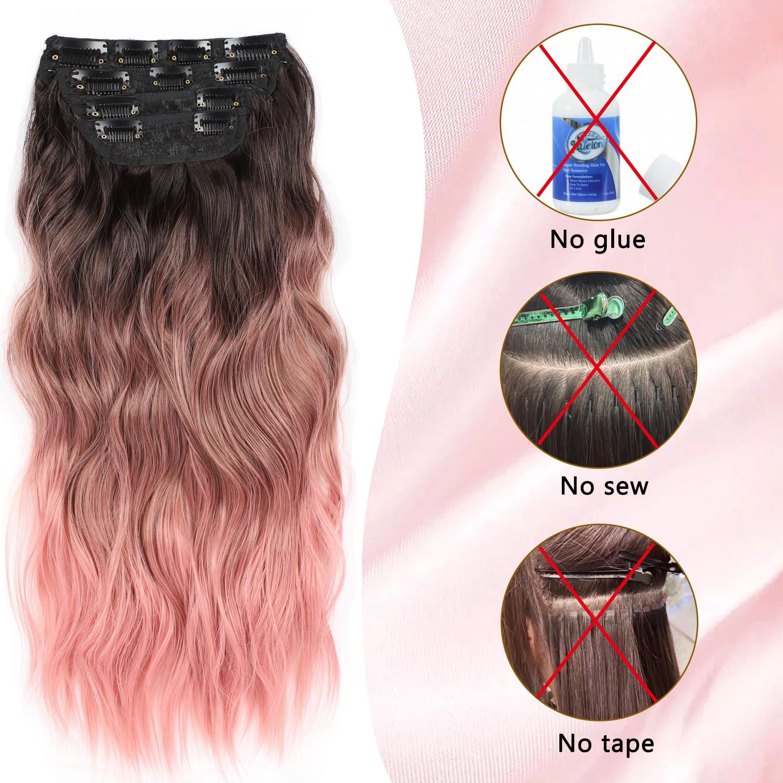 Perience Clip in Hair Extensions Synthetic Wavy Hair Extensions Clip in 20 inch Thick Pink Hair Extensions Clip Double Weft Hair Extension for Women (20INCH, PINK)
