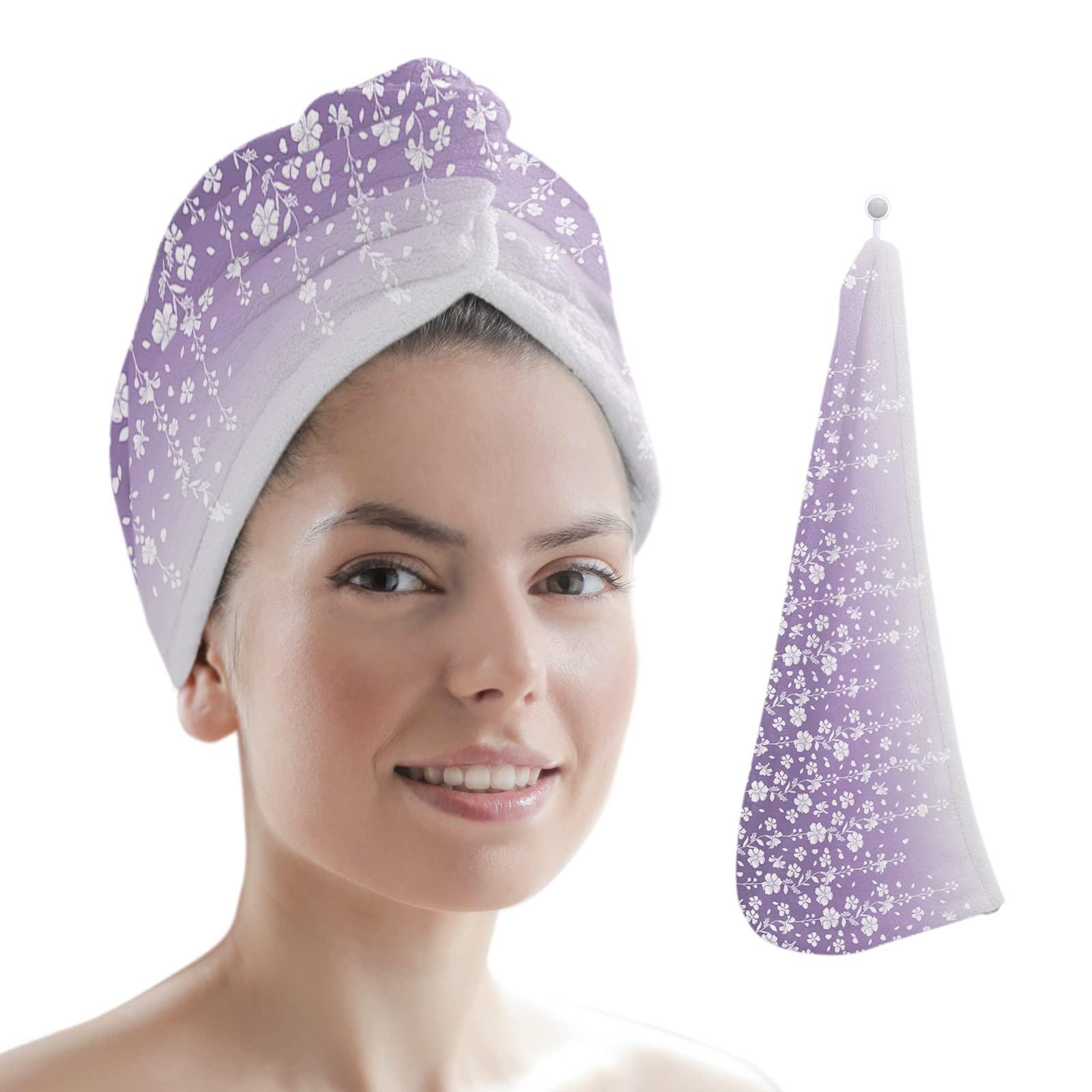 LEOSUCRE LEOSUCRE Microfiber Hair Towel Wrap Ultra Absorbent Hair Cap, Purple Floral Hair Towel with Buttons Hair Drying Towel Turban Bath Hair Wrap for Woman 26x10in Romantic Flower Drape