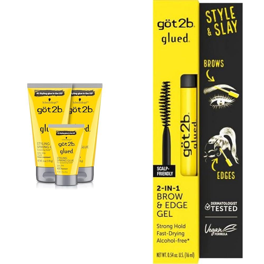 Got2B Got2B Glued Spiking Hair Gel Bundle - 2 x 6 oz + 1 x 1.25 oz Tubes Glued Brows & Edges Gel