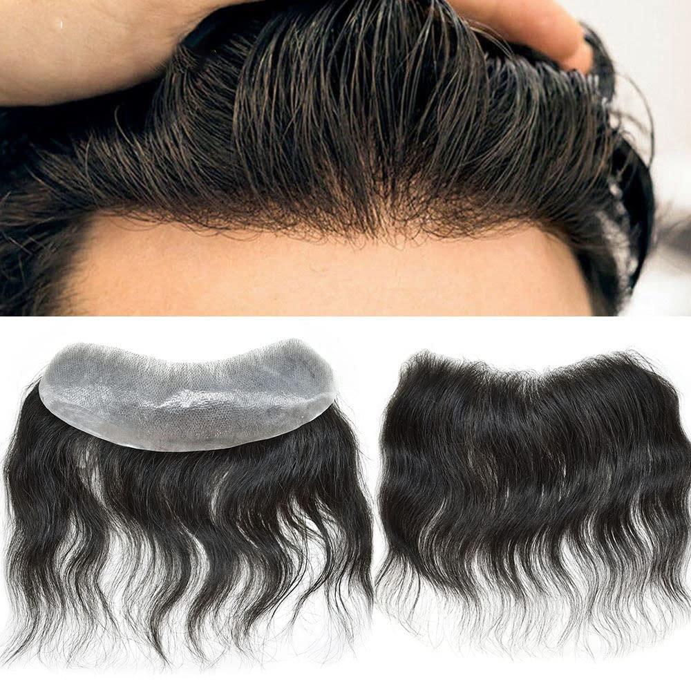 Healthlif Mens Frontal Wigs Frontal Hairpiece for Men European Virgin Human Hair Patch Hair Extension Hairline Loss V-Shape PU Base Mens Topper Hair Replacement (18x4cm, #3 Dark Brown-90% Light Density)