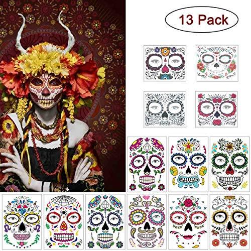 COKOHAPPY COKOHAPPY Halloween Temporary Face Tattoos Makeup Kit (13 Pack), Day of the Dead Sugar Skull Floral Black Skeleton Web Red Roses Full Face Mask Stickers Tattoo Families Party Supplies