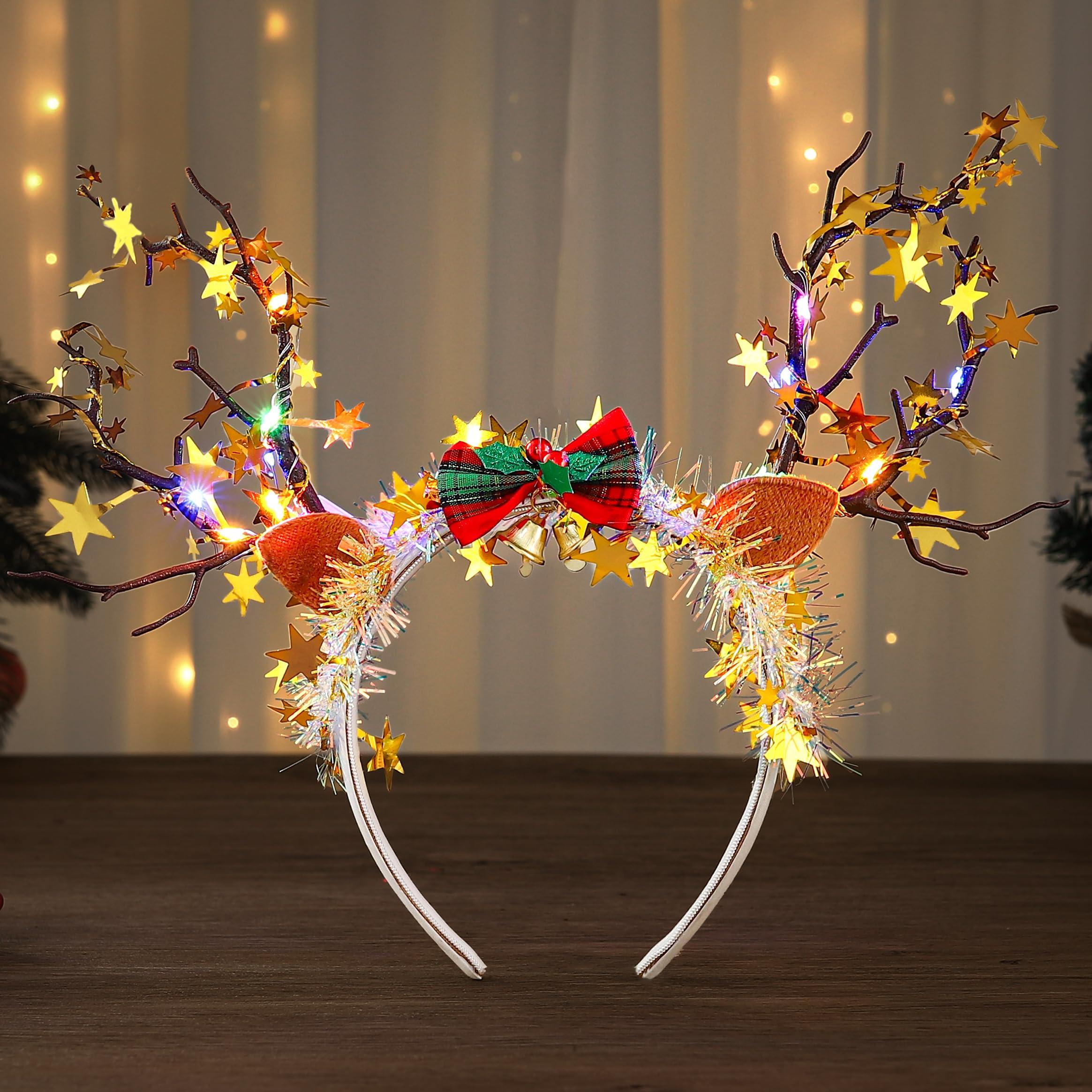 Edary Edary Light Up Reindeer Antlers Headband Led Christmas Tree Branch Hair Band Glitter Star Headpiece Holiday Hair Accessories for Women