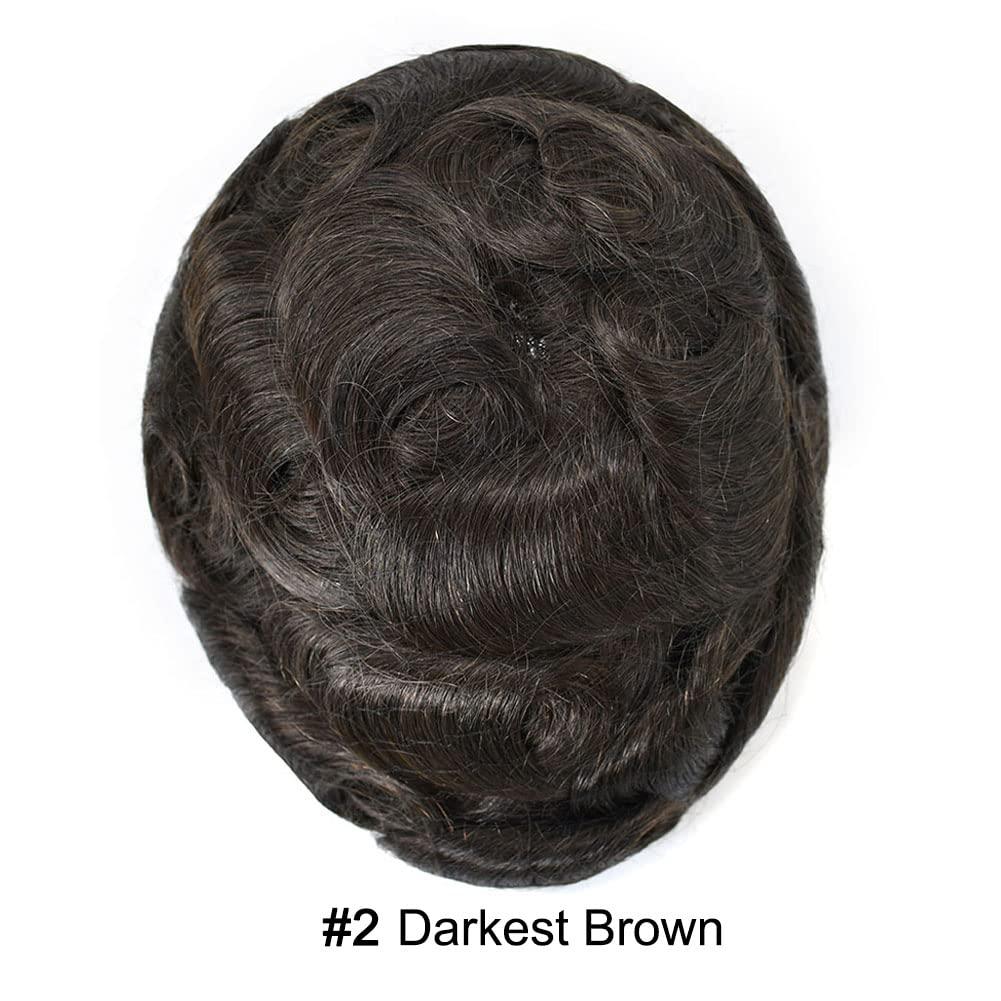 CURVE HAIR Lace Hair System For Mens Human Hair System Mens Toupee Hair Piece Bleached Knots Natural Hairline Mens Hair Piece Men Toupee (8\'\'X10\'\'-100% density, 2 DARKEST BROWN)