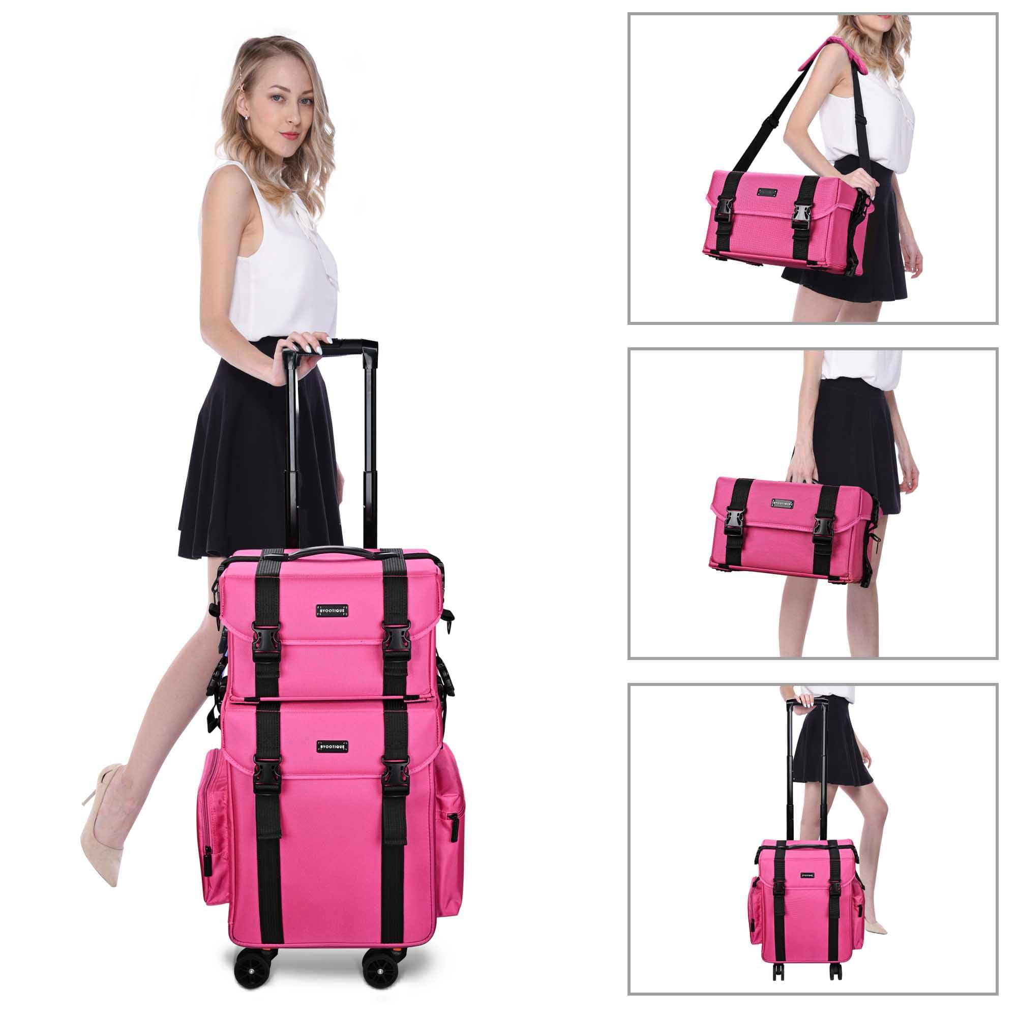 BYOOTIQUE BYOOTIQUE 2 in1 Soft Sided Rolling Makeup Case Unseasonable Bright Cosmetic Train Case with Wheels and Removable Organizer, Deep Pink