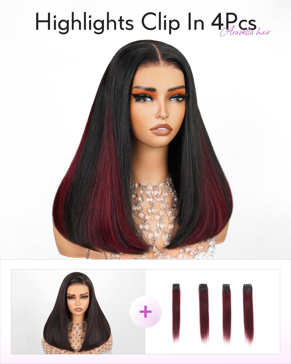 Arabella Arabella Hair 5x6 Glueless Wigs Human Hair and 4 Pcs 1B/99J Clip in Hair Extensions Pre Plucked Pre Cut 280% Density Glueless Wigs Human Hair Pre Plucked Bleached Knots Straight Wig Human Hair 18inch