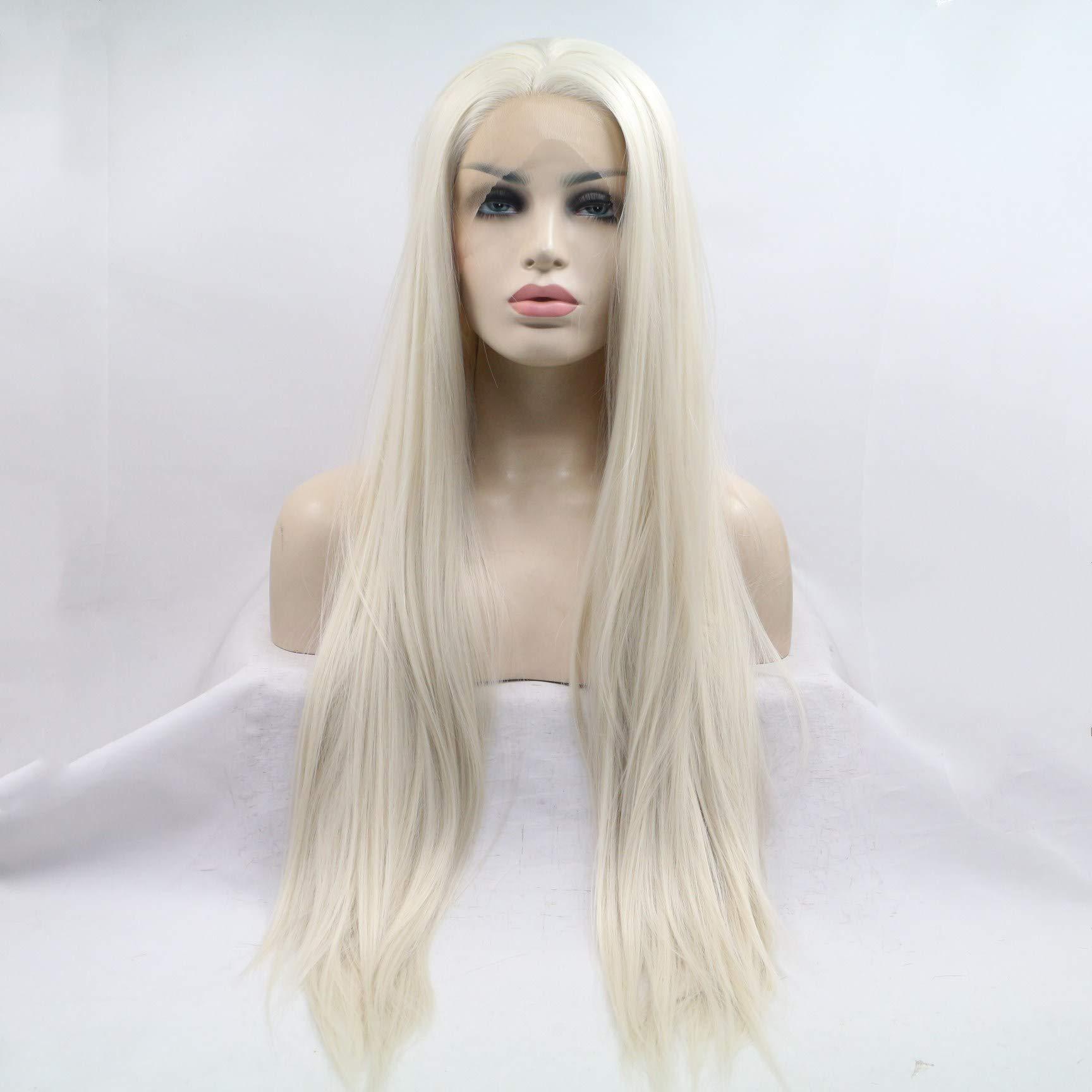 xiweiya Xiweiya Long Straight Lace Front Wigs #60 Platinum Blonde Natural Heat Resistant Synthetic Hair Half Hand Tied Wigs for Cosplay Daily Wear
