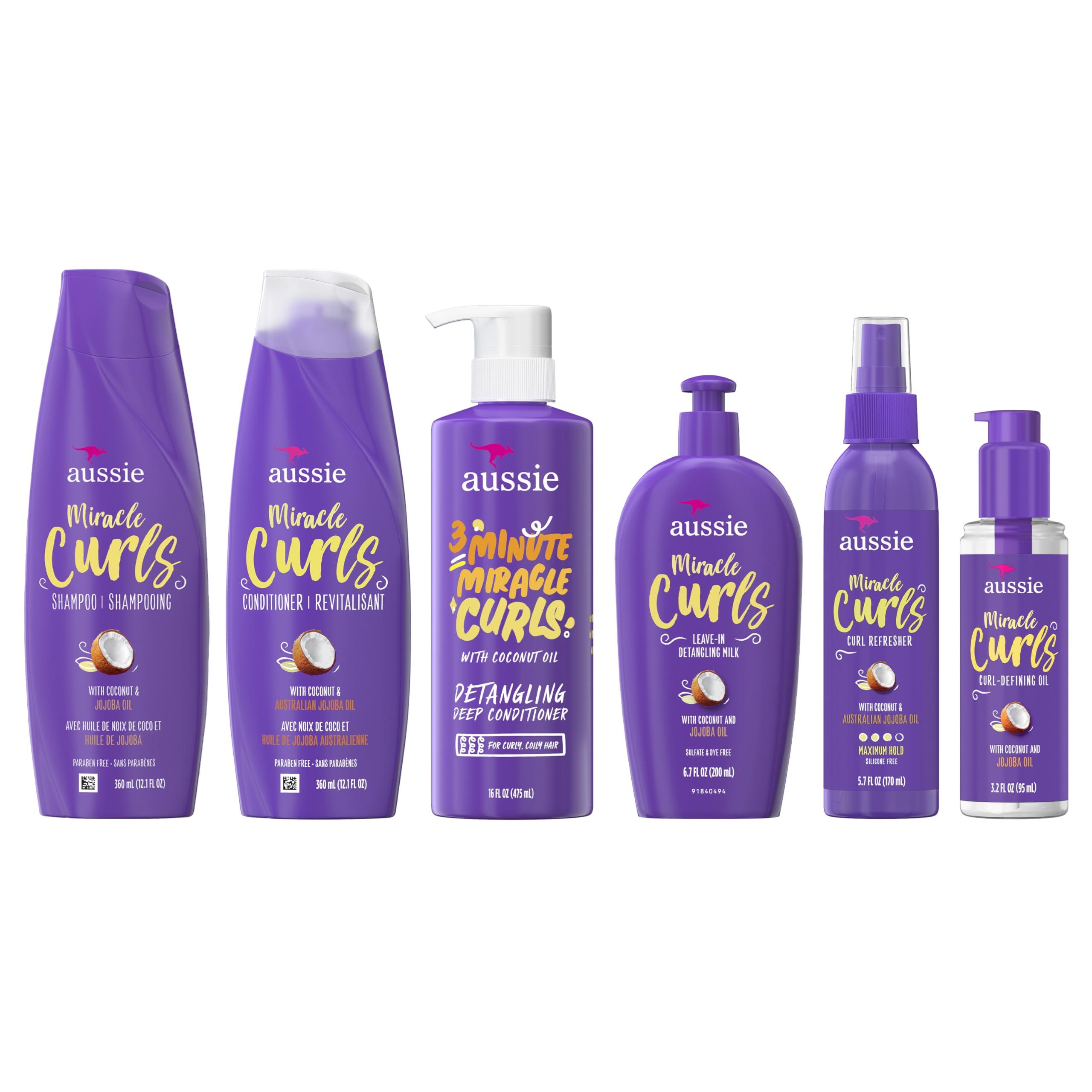 Aussie Aussie Miracle Curls Set: Shampoo, Conditioner, Deep Hydration, Spray Gel, Detangling Milk, and Oil Hair Treatment, Curl Oil, Coconut & Jojoba, Frizz Control, 6 Pieces