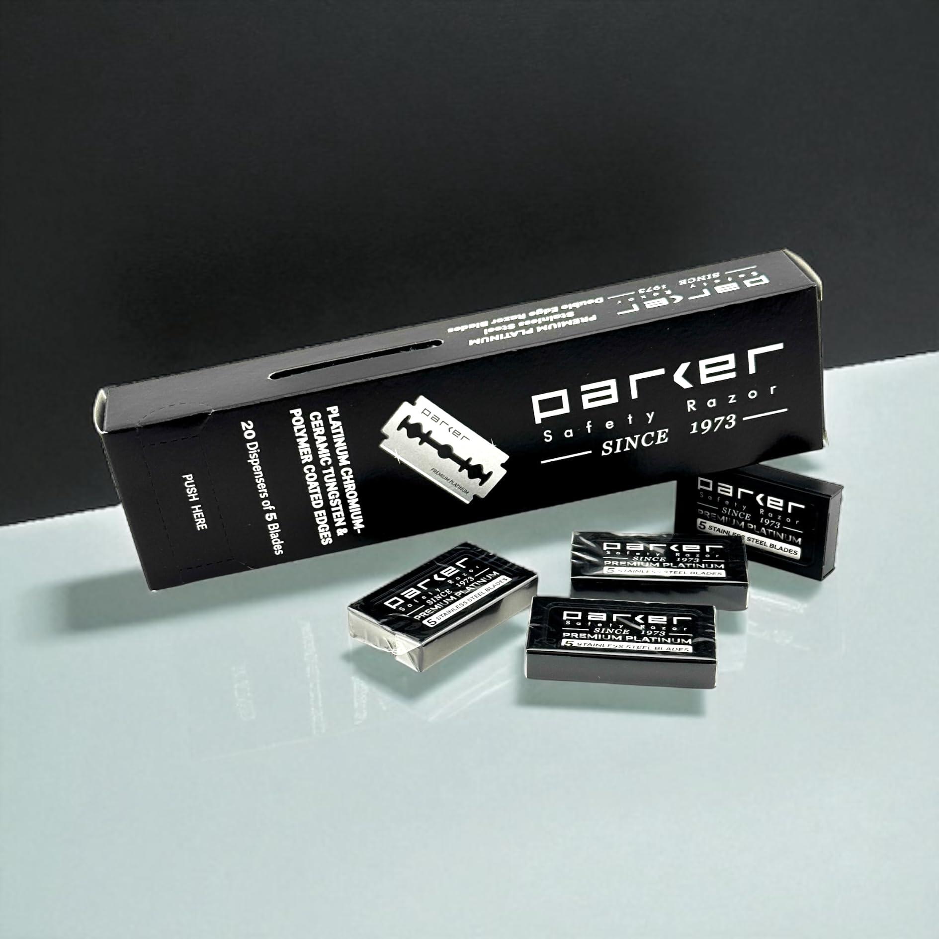 Parker Safety Razor Parker 100 Count, Parker Double Edge Safety Razor Blades, Premium Platinum Stainless Steel Razor Blades with PTFE, Tungsten and Chromium Coated Edges for Smooth, and Comfortable Shaves
