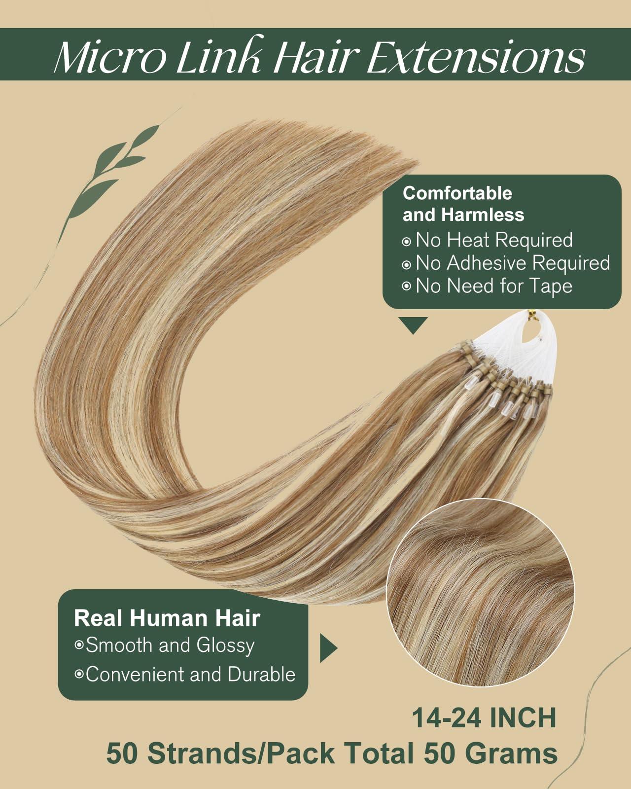 Ugeat Ugeat Micro Loops Hair Extensions Golden Brown Highlights Bleach Blonde Micro Bead Hair Extensions Highlight Real Human Hair Micro Rings Hair Extensions Straight Hair 22 Inch 50g 50s