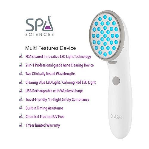 SPA SCIENCES Spa Sciences CLARO Clinically Proven Blue & Red LED Acne Treatment Light Therapy System-FDA Cleared-Rechargeable- Professional Home Acne Healing/Clearing Treatment