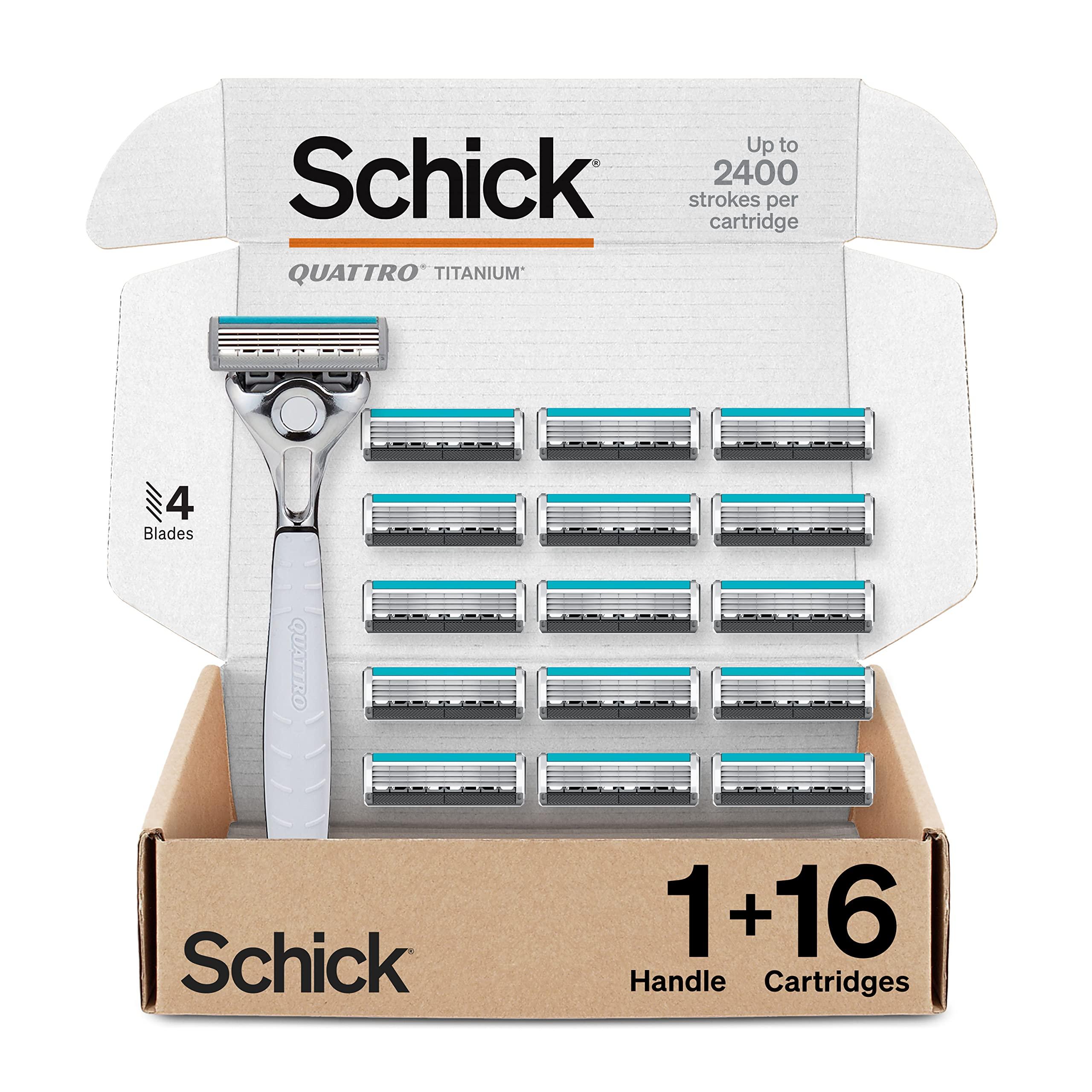 Schick Schick Quattro Titanium Razor with 16 Refill Blades (Packaging May Vary) & Edge Shave Gel for Men, Cooling Eucalyptus & Tea Tree 7oz (3 Pack)
