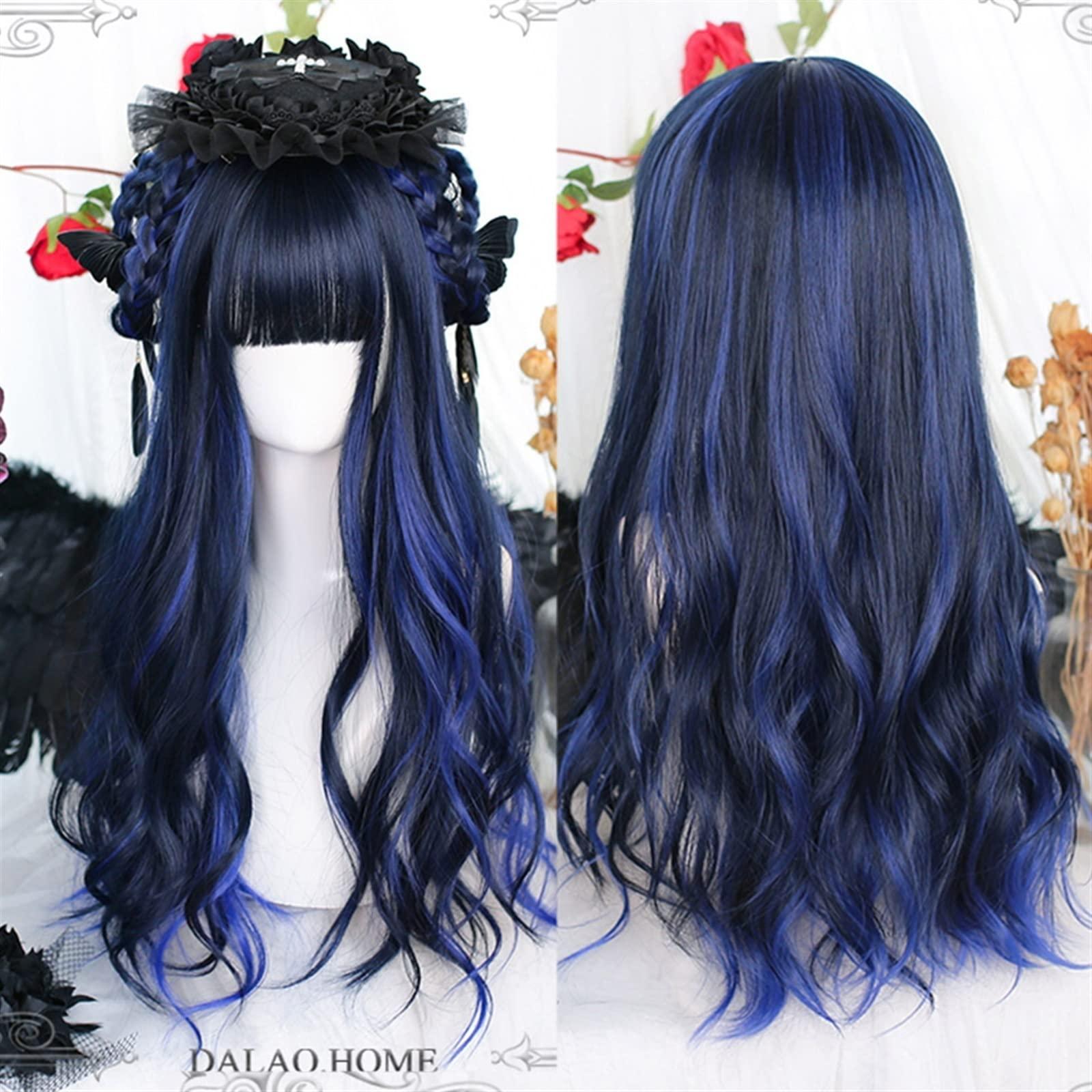 GRFIT GRFIT Wigs Black Blue Wigs with Neat Bangs for Women, Long Curly Wavy Hair Wig with Bangs Natural Synthetic Cosplay Replacement Wig Lace Wigs
