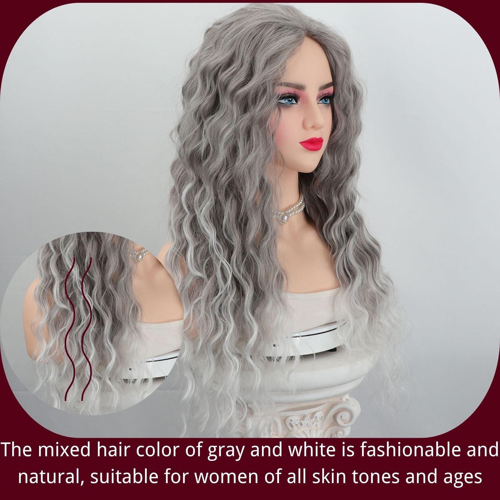 Fencca Fencca Grey Long Curly Wig Synthetic Mixed Gray Wave Curly Wigs for Women Free Part Full Curly Wig Layered Long Wavy Grey Wig