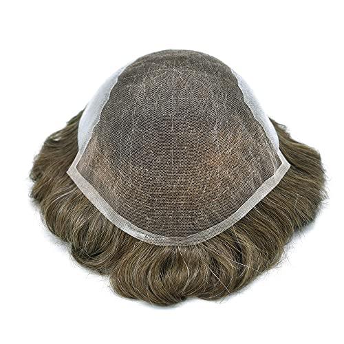 Generic Toupee For Men French Lace Front Bleached Knots Mens Toupee Natural HaIrline Breathable Human Hair System For Men (8\"x10\", 7 Very Light Brown-100% density)