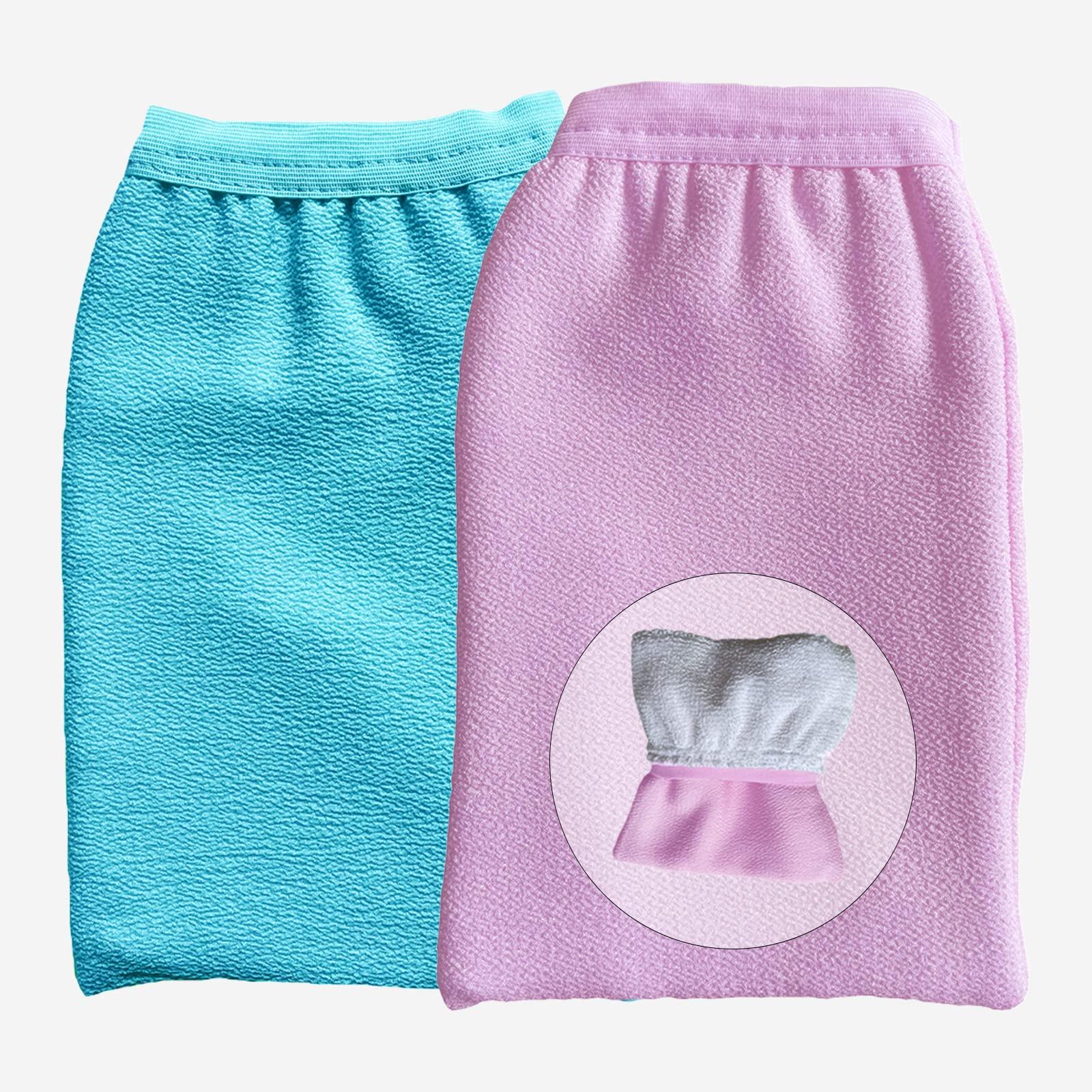 ASWANKA Korean Exfoliating Mitts(2pcs), Plant Based Exfoliating Gloves for Body Visibly Lift Away Dead Skin, 2 Layers Painless Remove Tan Spray, Keratosis Pilaris, Natural Material, Green